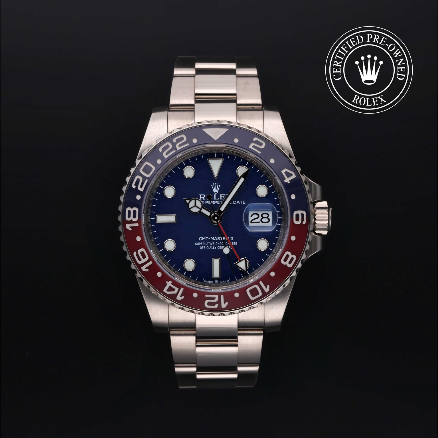 Rolex Certified Pre-owned GMT M126719BLRO-0003 front on black background