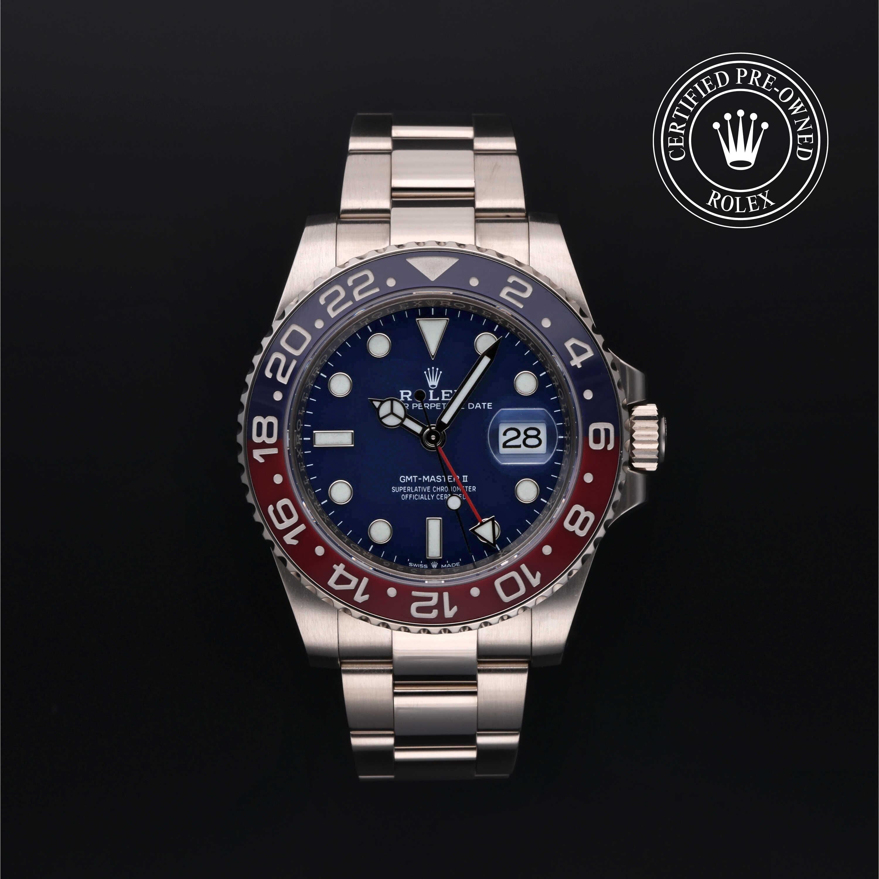 Rolex Certified Pre-owned GMT M126719BLRO-0003 front on black background