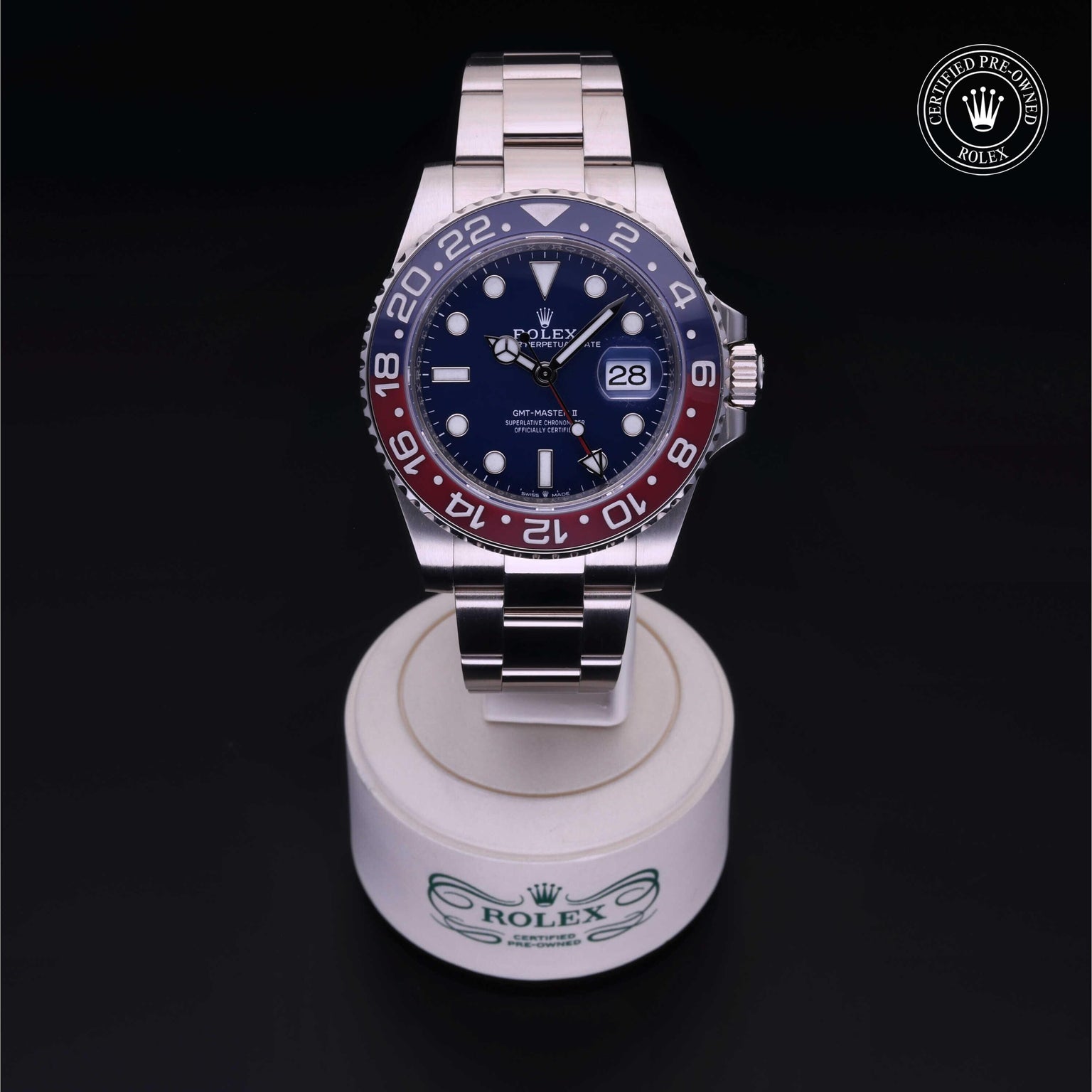 Rolex Certified Pre-owned GMT M126719BLRO-0003 front on black background