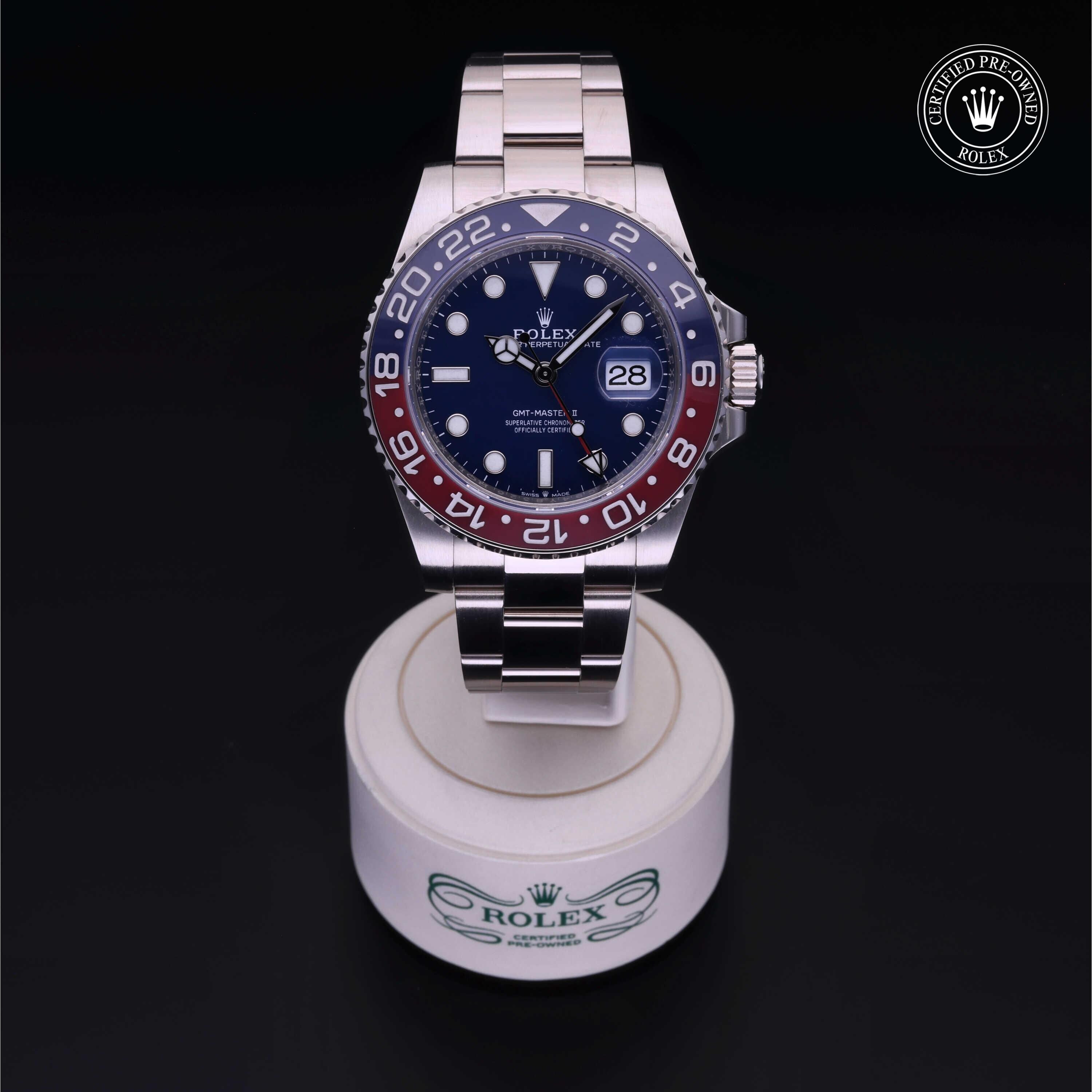 Rolex Certified Pre-owned GMT M126719BLRO-0003 front on black background