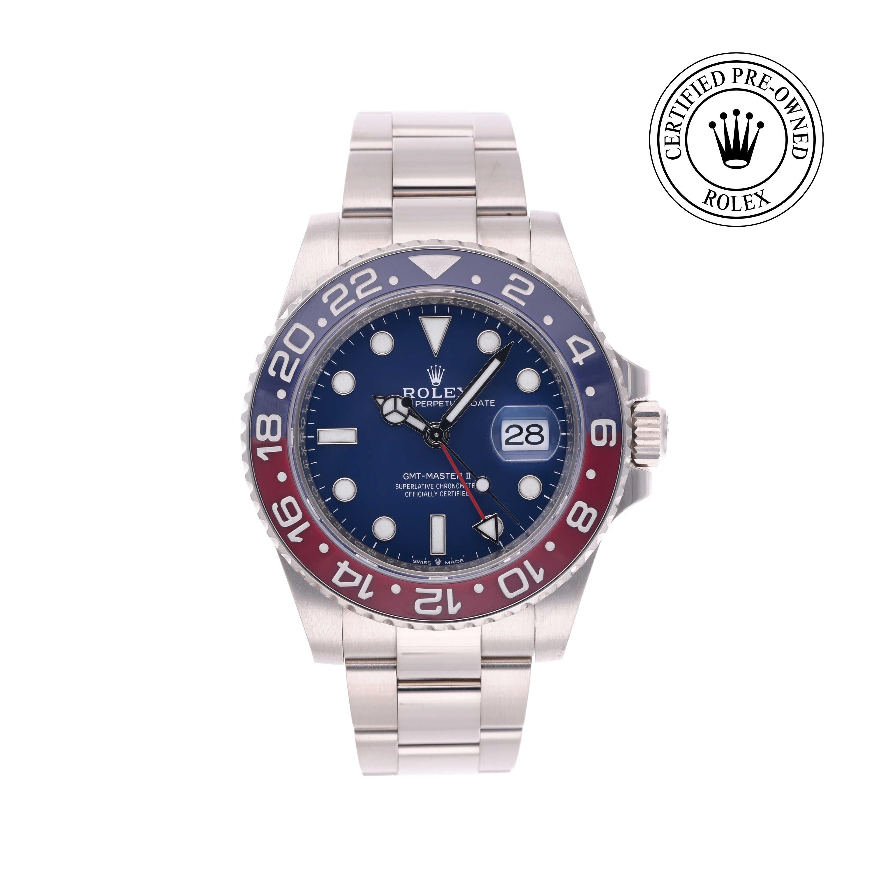 Rolex Certified Pre-owned GMT M126719BLRO-0003 front on white background