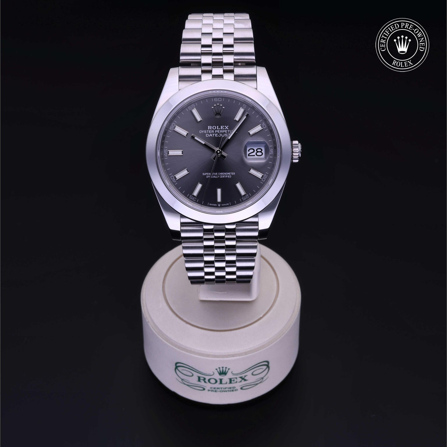 Rolex Certified Pre-owned Datejust M126300-0008 front on black background