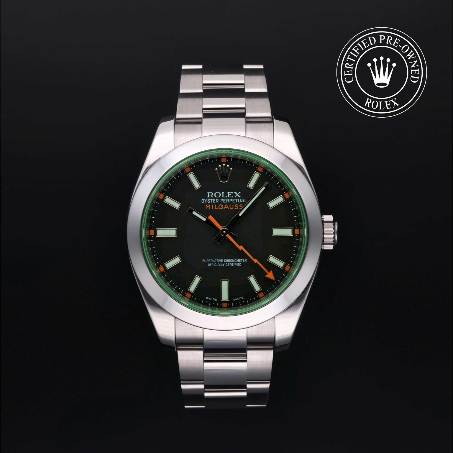 Rolex Certified Pre-owned Milgauss M116400-0001 front on black background