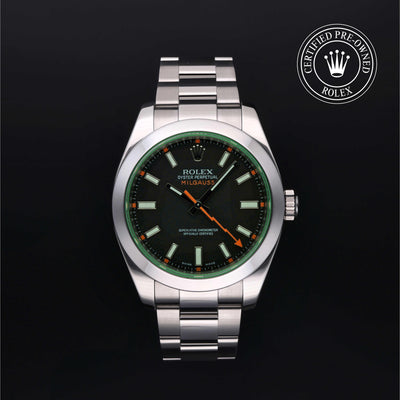 Rolex Certified Pre-owned Milgauss M116400-0001 front on black background