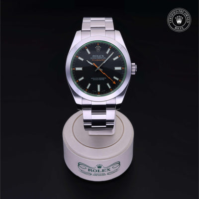 Rolex Certified Pre-owned Milgauss M116400-0001 front on black background