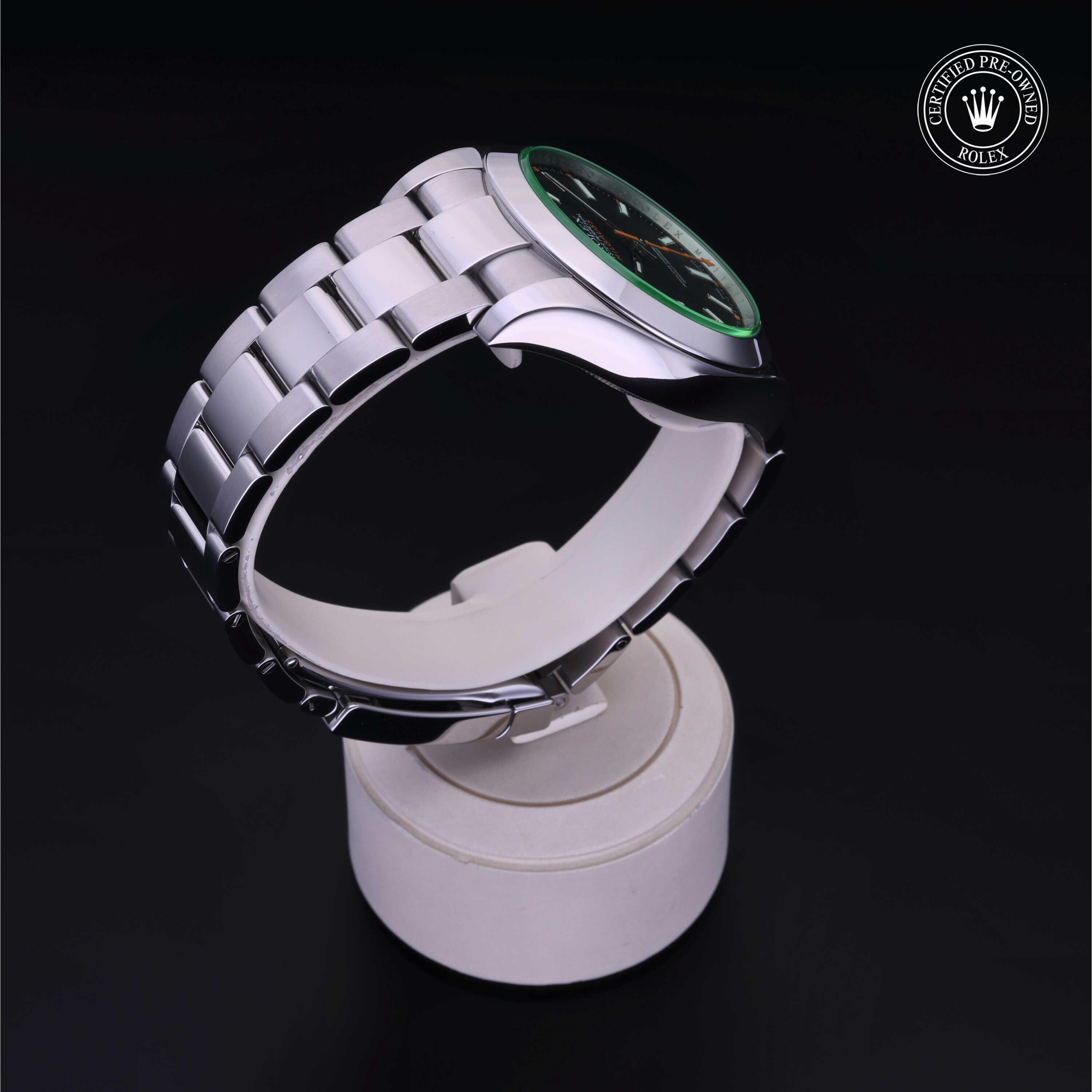 Rolex Certified Pre-owned Milgauss M116400-0001 front on black background