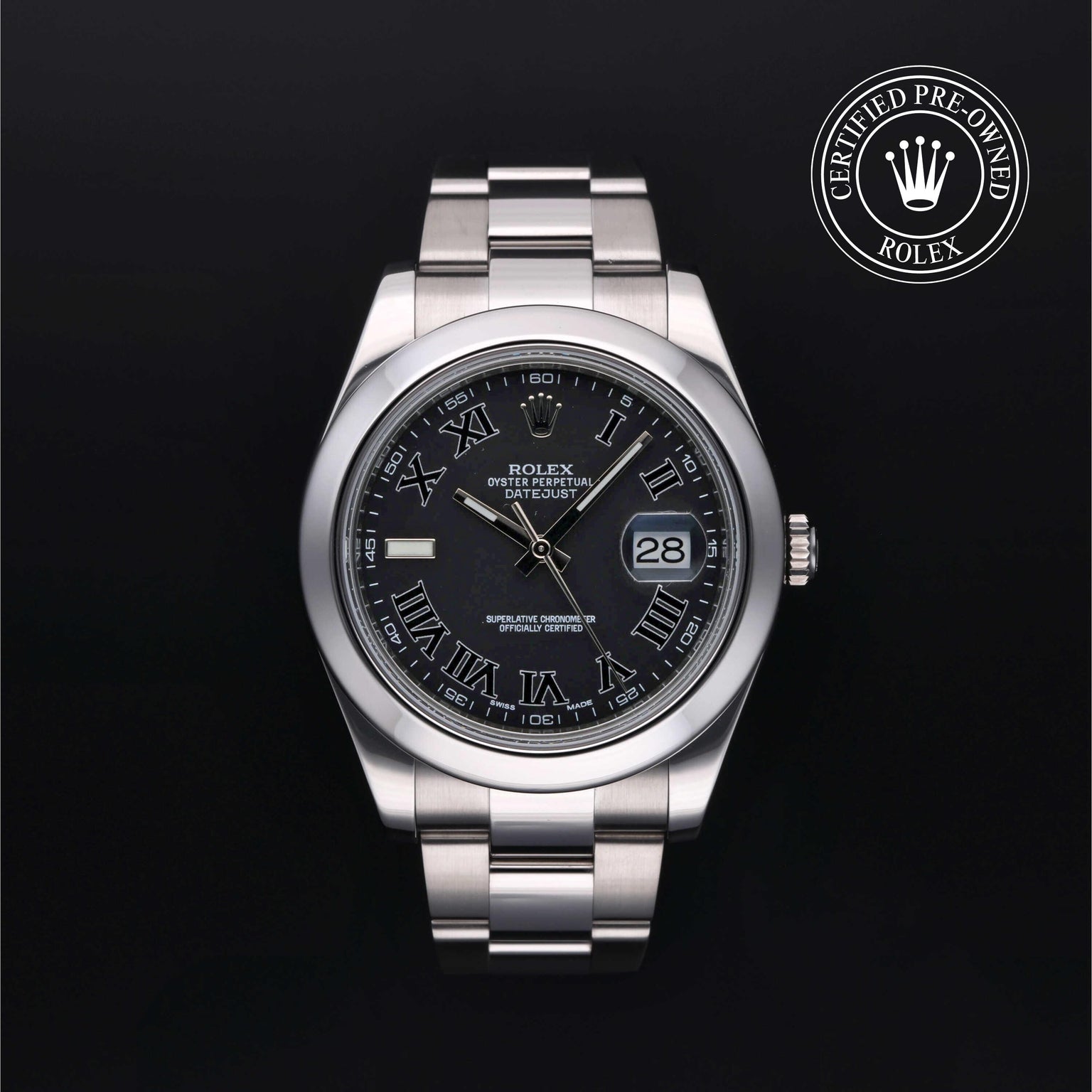 Rolex Certified Pre-owned Datejust M116300-0006 front on black background