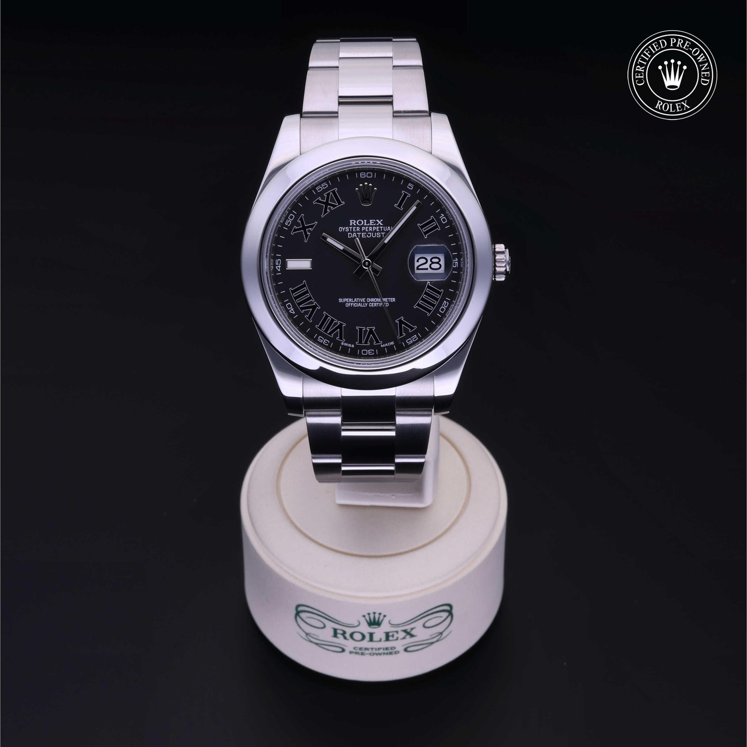 Rolex Certified Pre-owned Datejust M116300-0006 front on black background