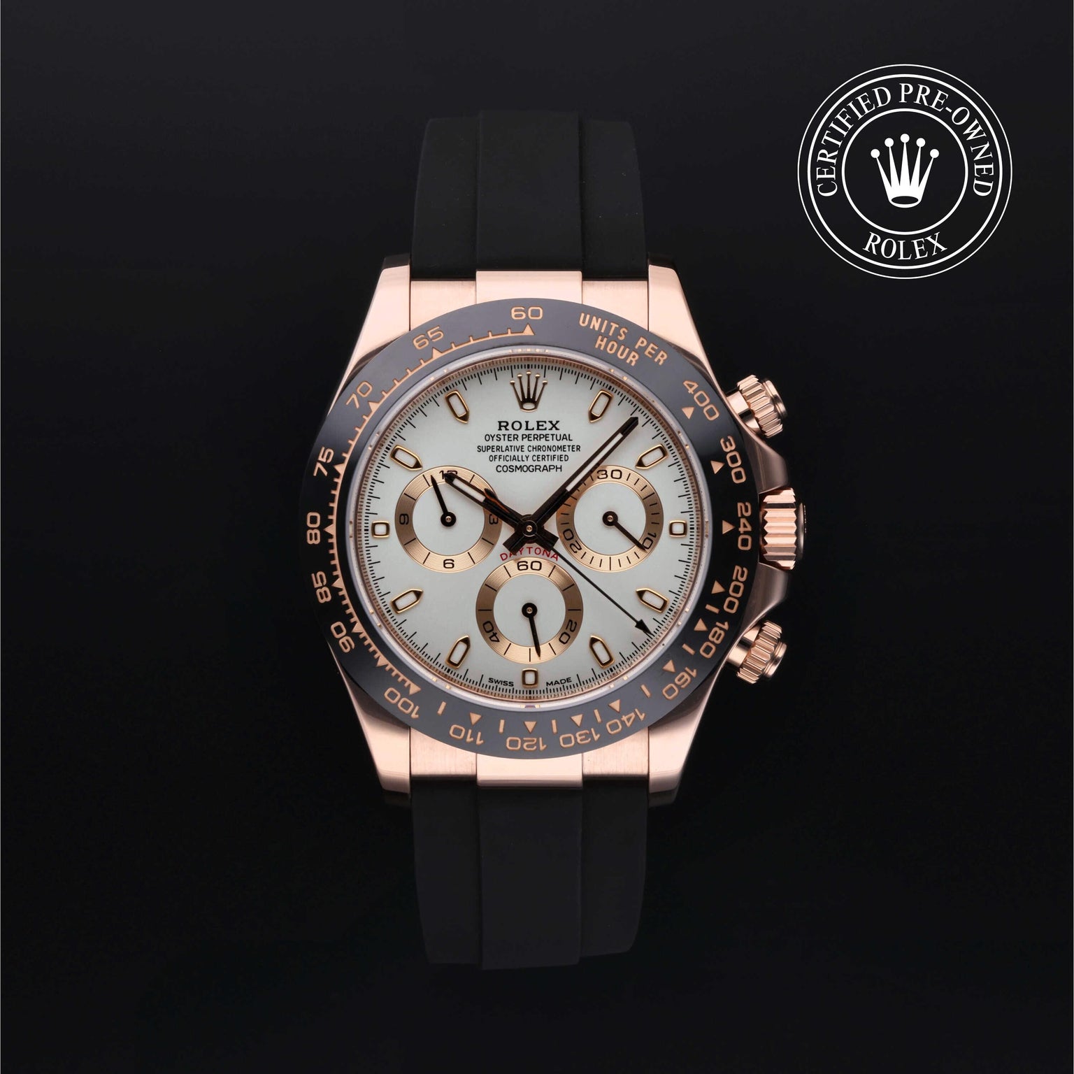 Rolex Certified Pre-owned Daytona M116515LN-0014 front on black background