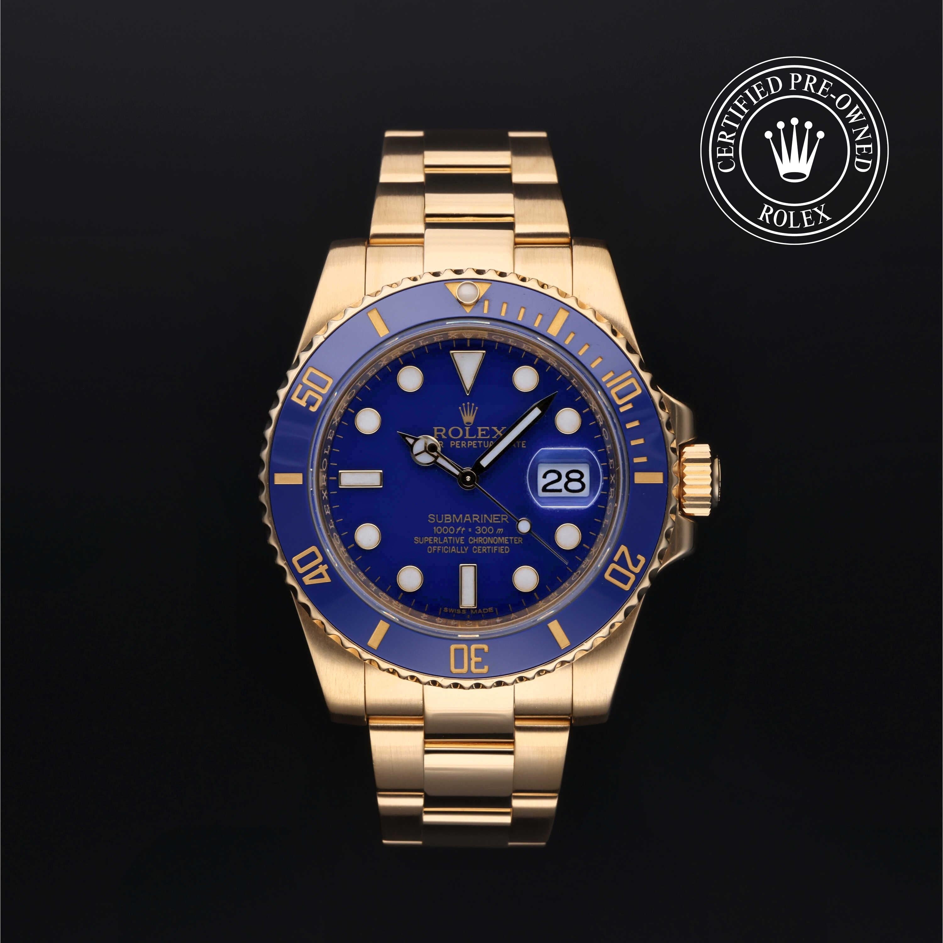Rolex Certified Pre-owned Submariner M116618LB-0003 front on black background