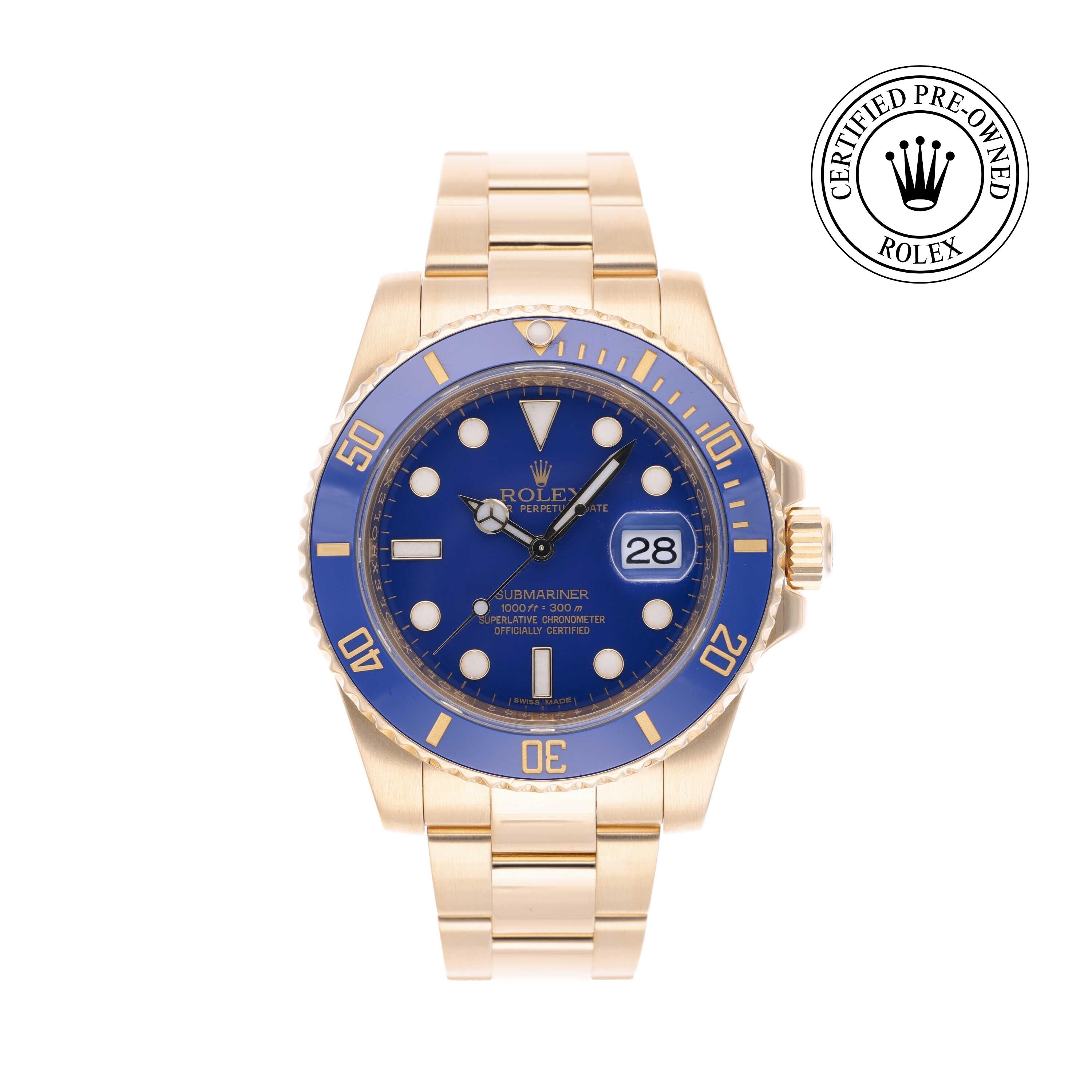 Rolex Certified Pre-owned Submariner M116618LB-0003 front on white background
