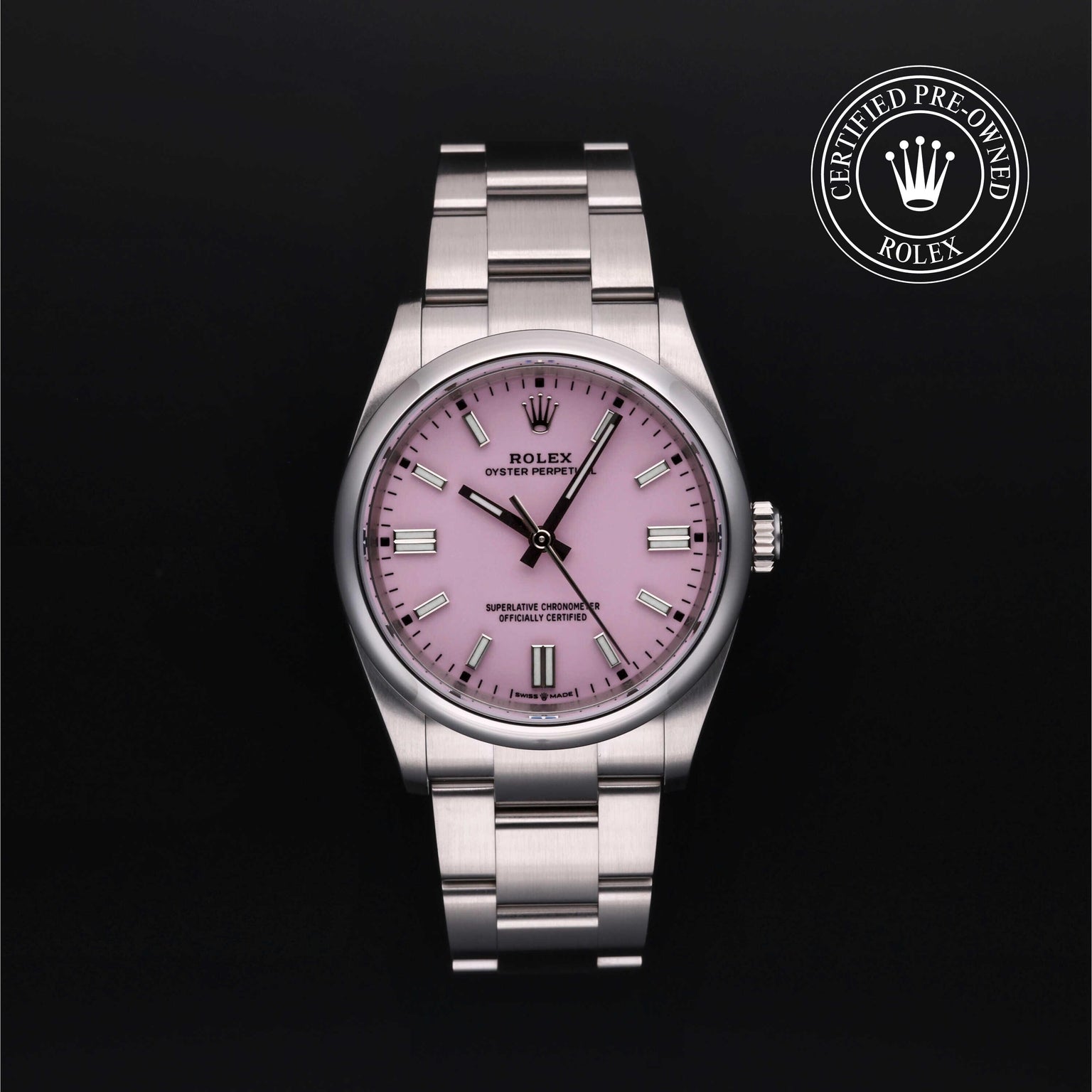 Rolex Certified Pre-owned Oyster Perpetual M126000-0008 front on black background