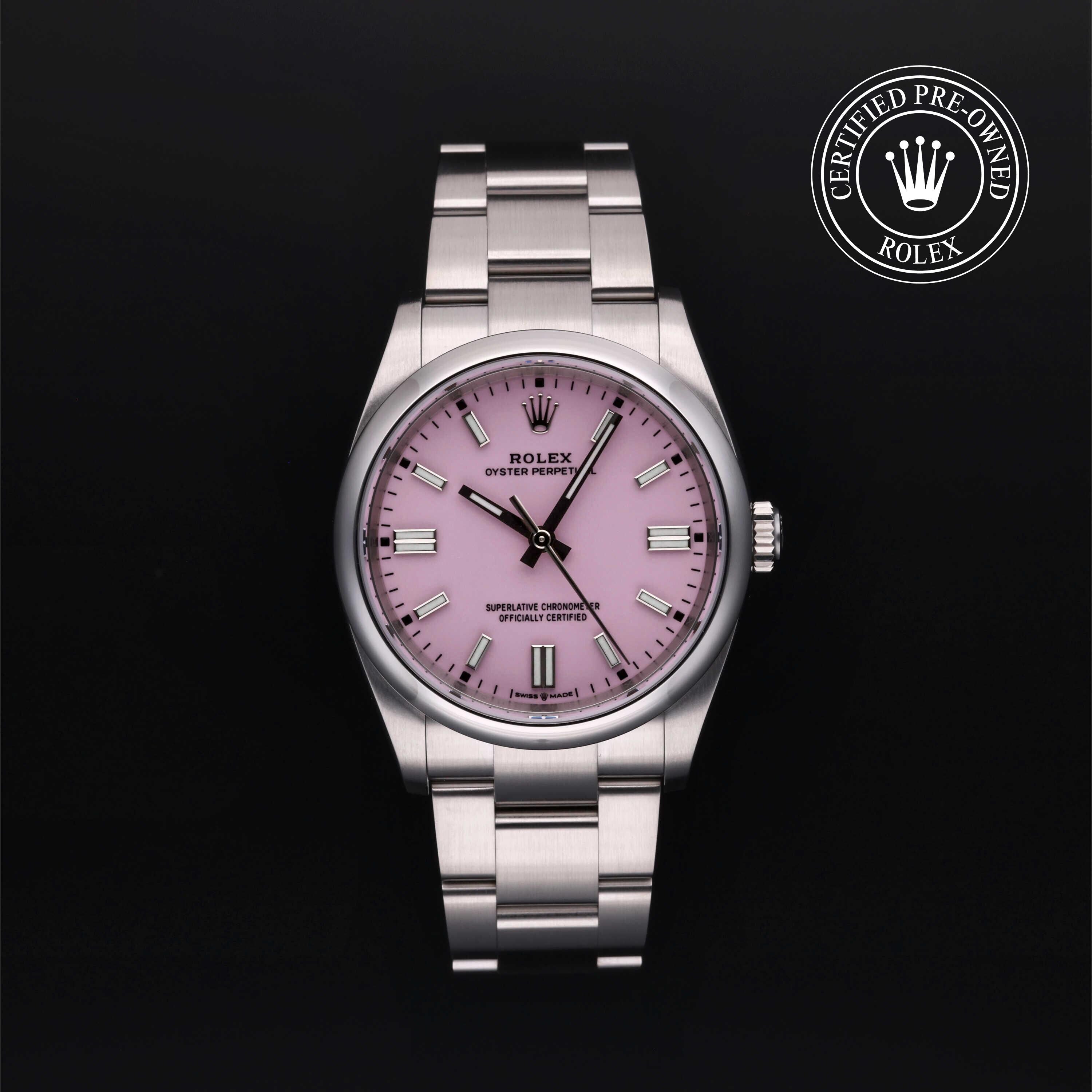 Rolex Certified Pre-owned Oyster Perpetual M126000-0008 front on black background