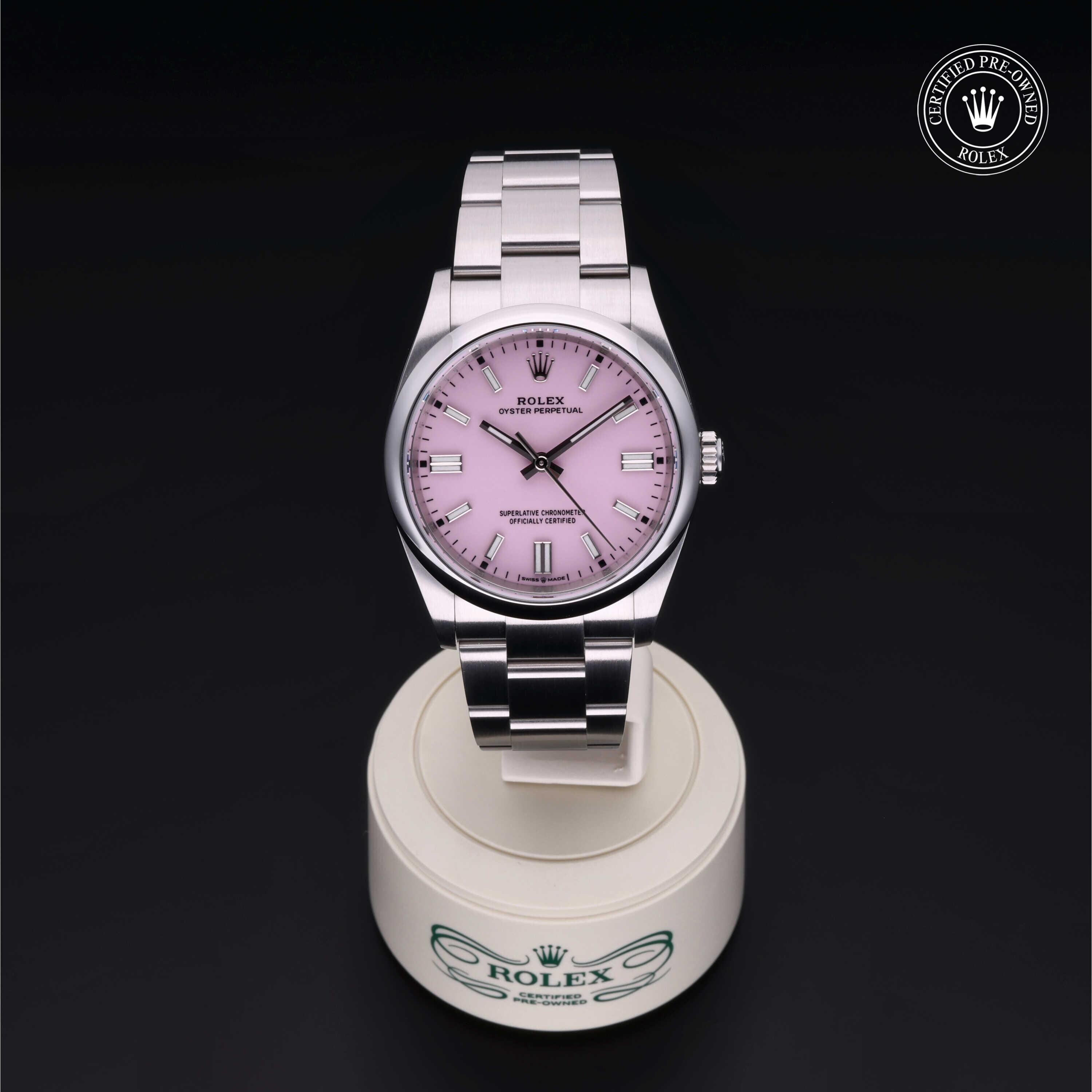 Rolex Certified Pre-owned Oyster Perpetual M126000-0008 front on black background