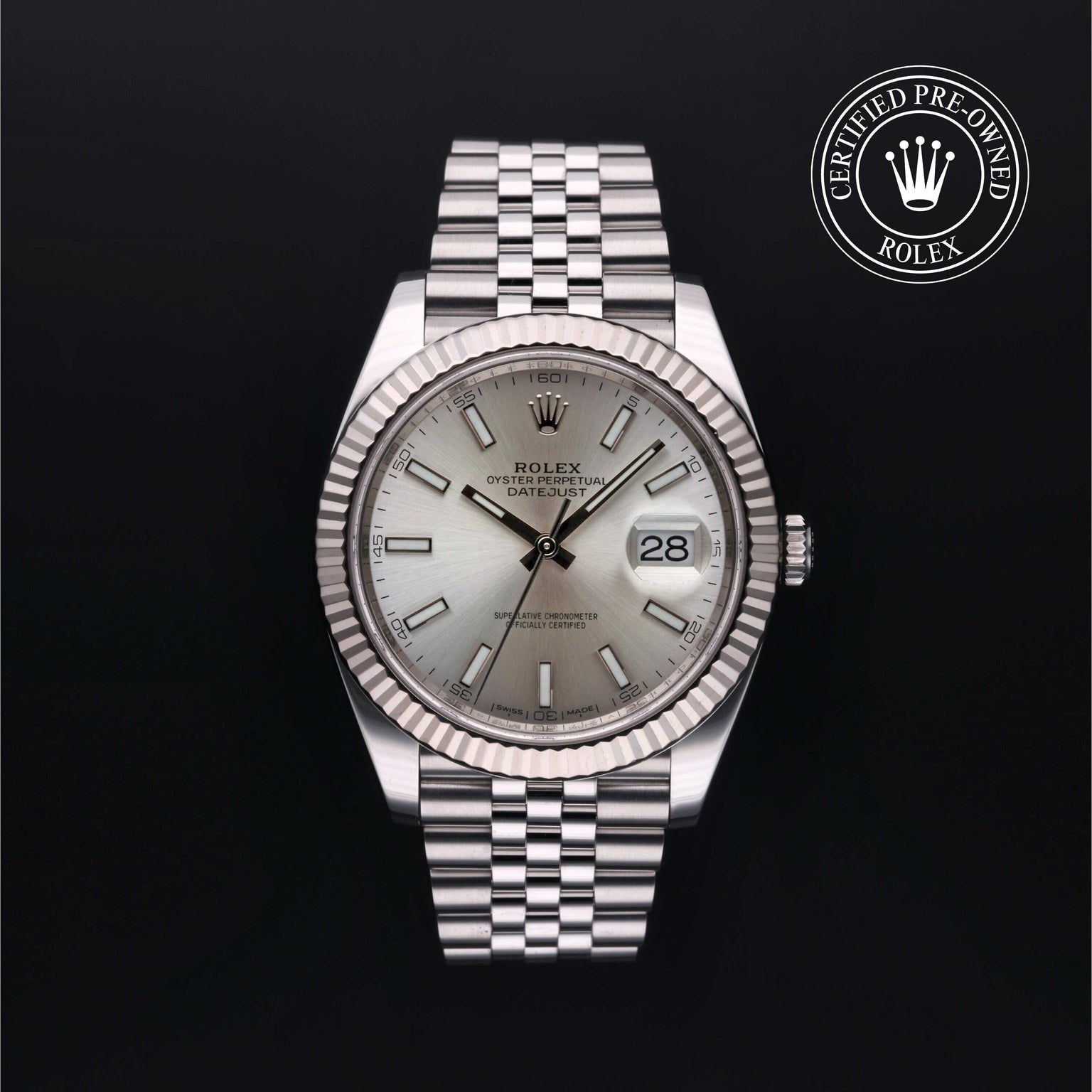 Rolex Certified Pre-owned Datejust M126334-0004 front on black background