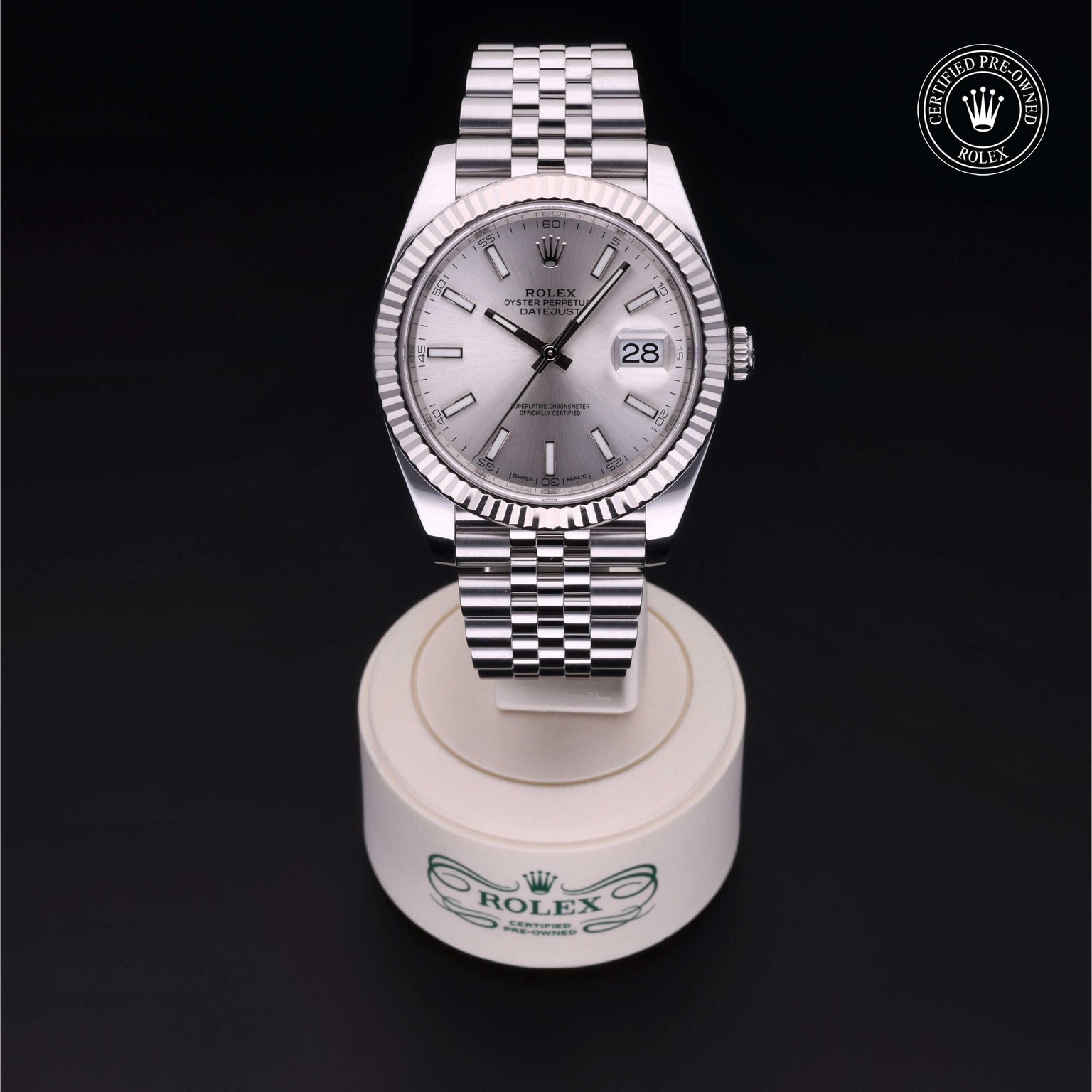 Rolex Certified Pre-owned Datejust M126334-0004 front on black background