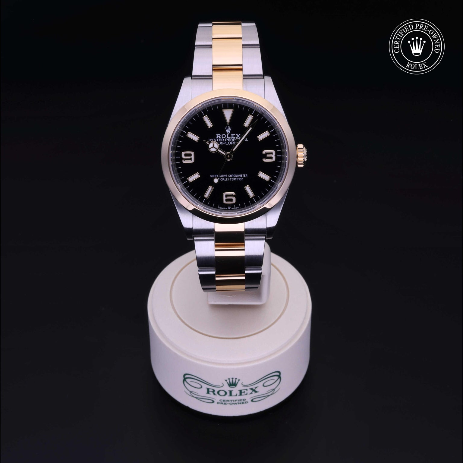 Rolex Certified Pre-owned Explorer M124273-0001 front on black background