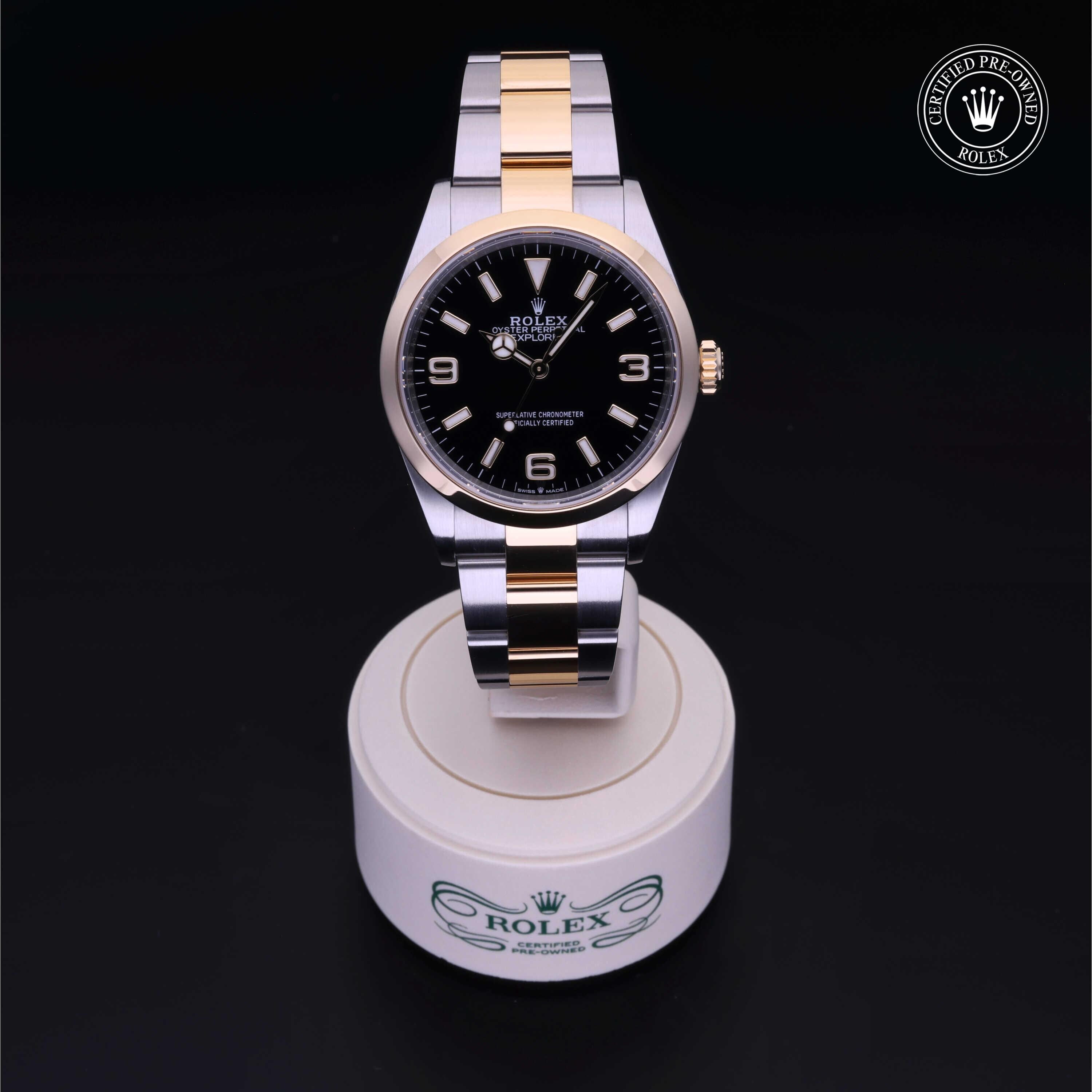 Rolex Certified Pre-owned Explorer M124273-0001 front on black background