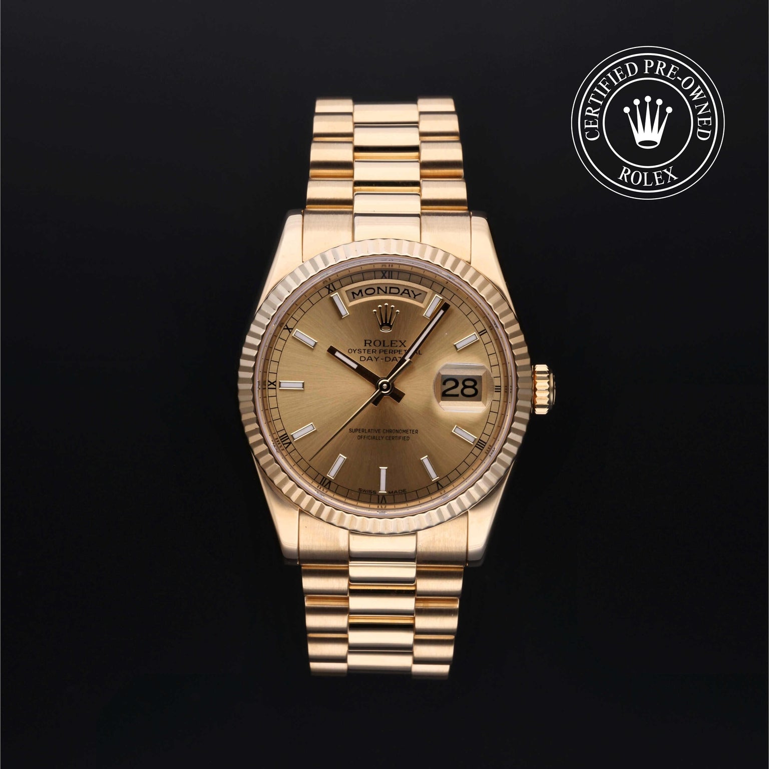Rolex Certified Pre-owned Day-date M118238-0103 front on black background