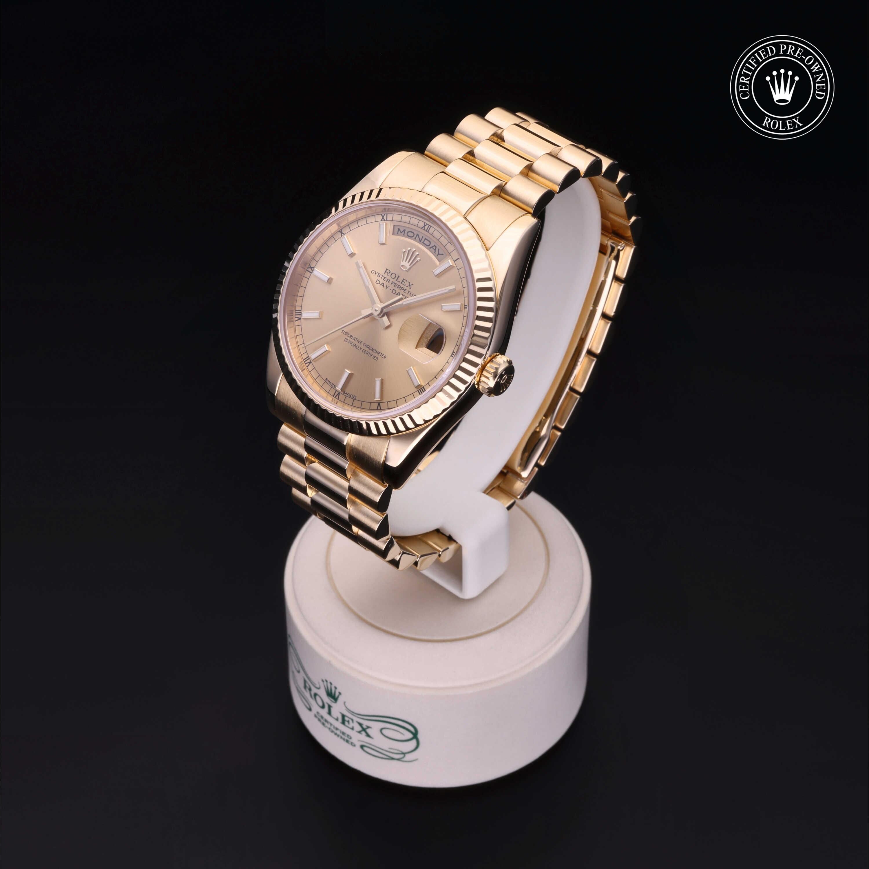 Rolex Certified Pre-owned Day-date M118238-0103 front on black background