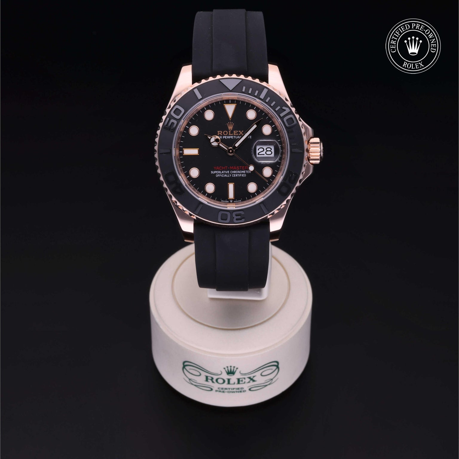 Rolex Certified Pre-owned Yacht-Master M126655-0002 front on black background