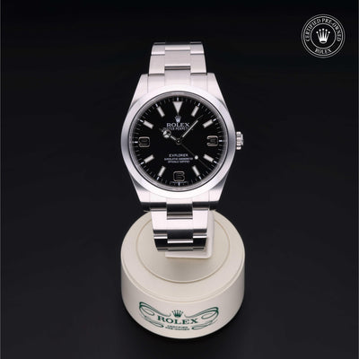 Rolex Certified Pre-owned Explorer M214270-0001 front on black background