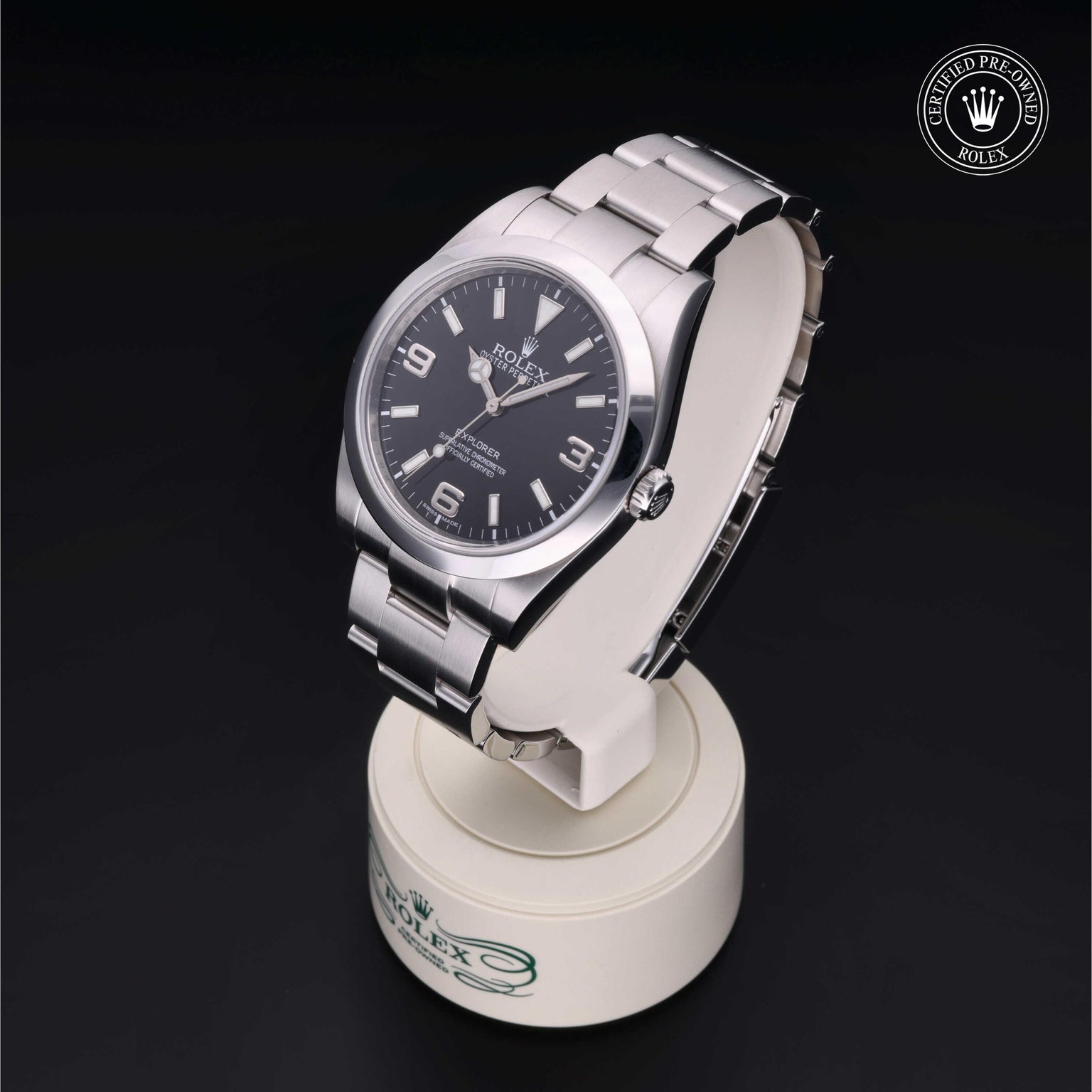 Rolex Certified Pre-owned Explorer M214270-0001 front on black background