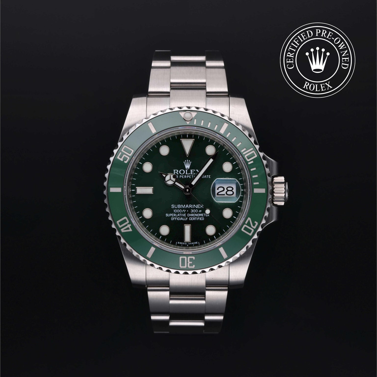 Rolex Certified Pre-owned Submariner M116610LV-0002 front on black background