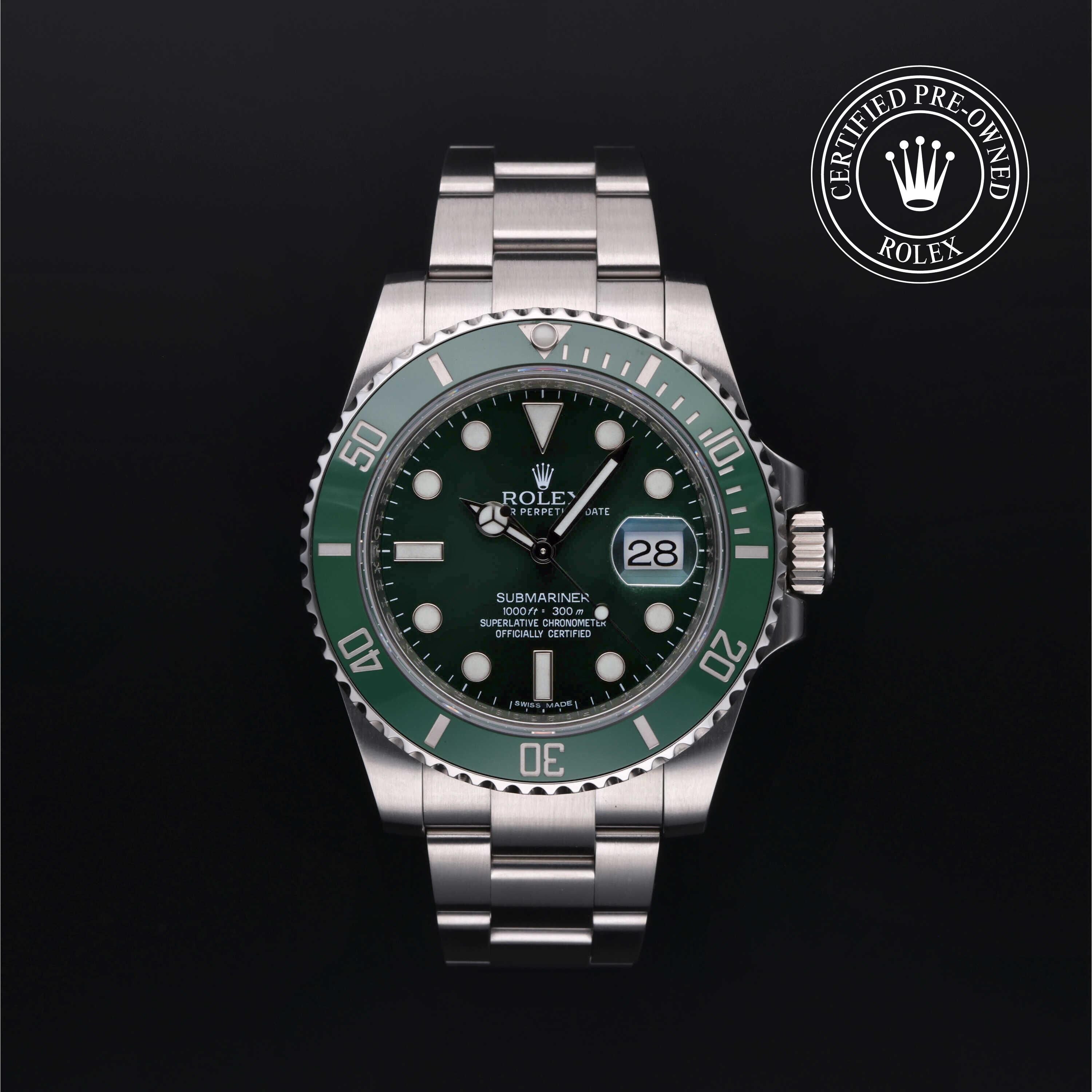 Rolex Certified Pre-owned Submariner M116610LV-0002 front on black background