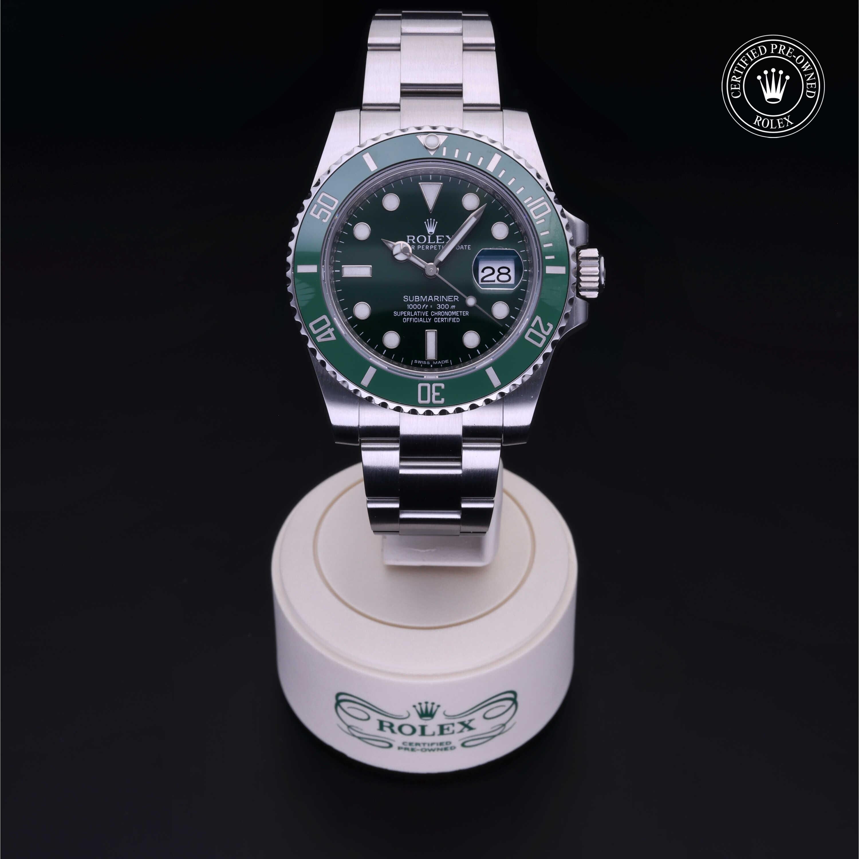 Rolex Certified Pre-owned Submariner M116610LV-0002 front on black background
