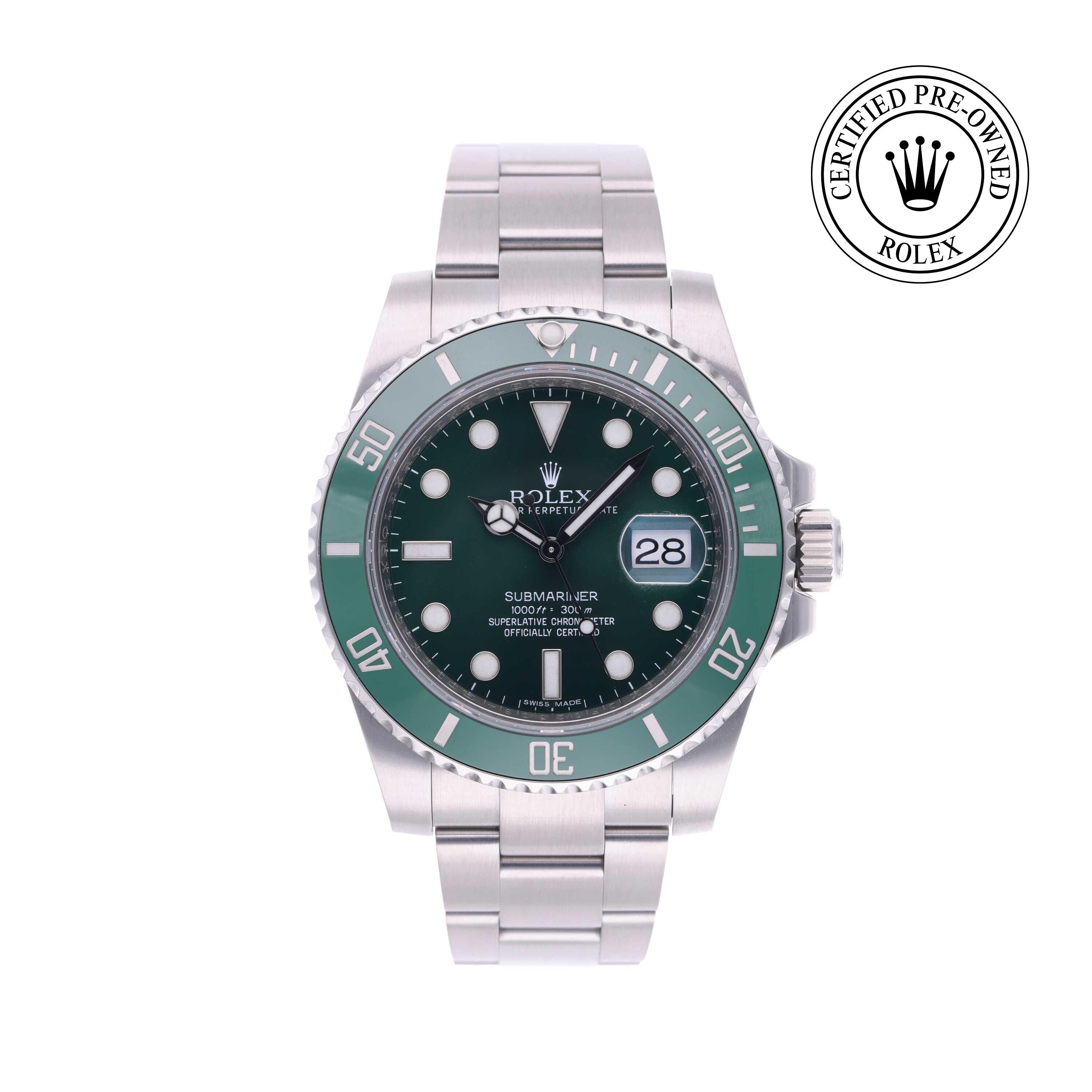 Rolex Certified Pre-owned Submariner M116610LV-0002 front on white background