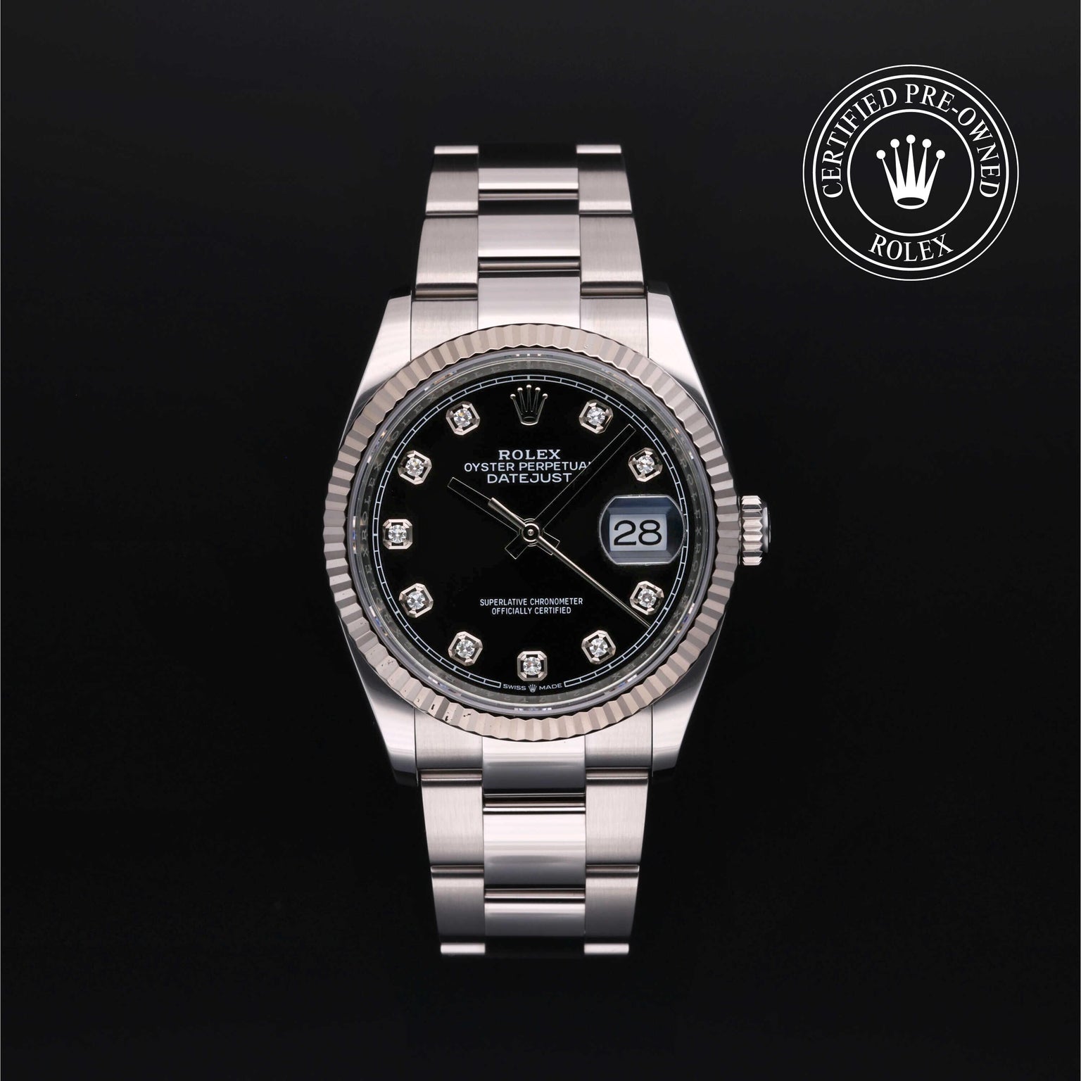 Rolex Certified Pre-owned Datejust M126234-0028 front on black background