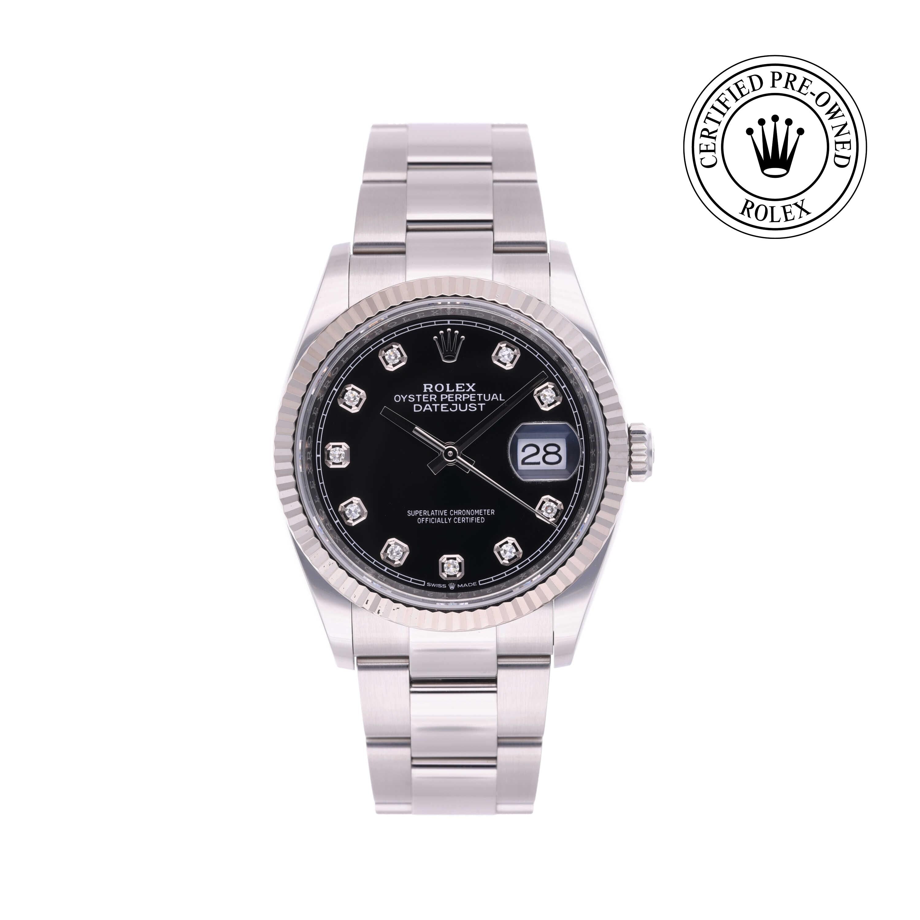 Rolex Certified Pre-owned Datejust M126234-0028 front on white background