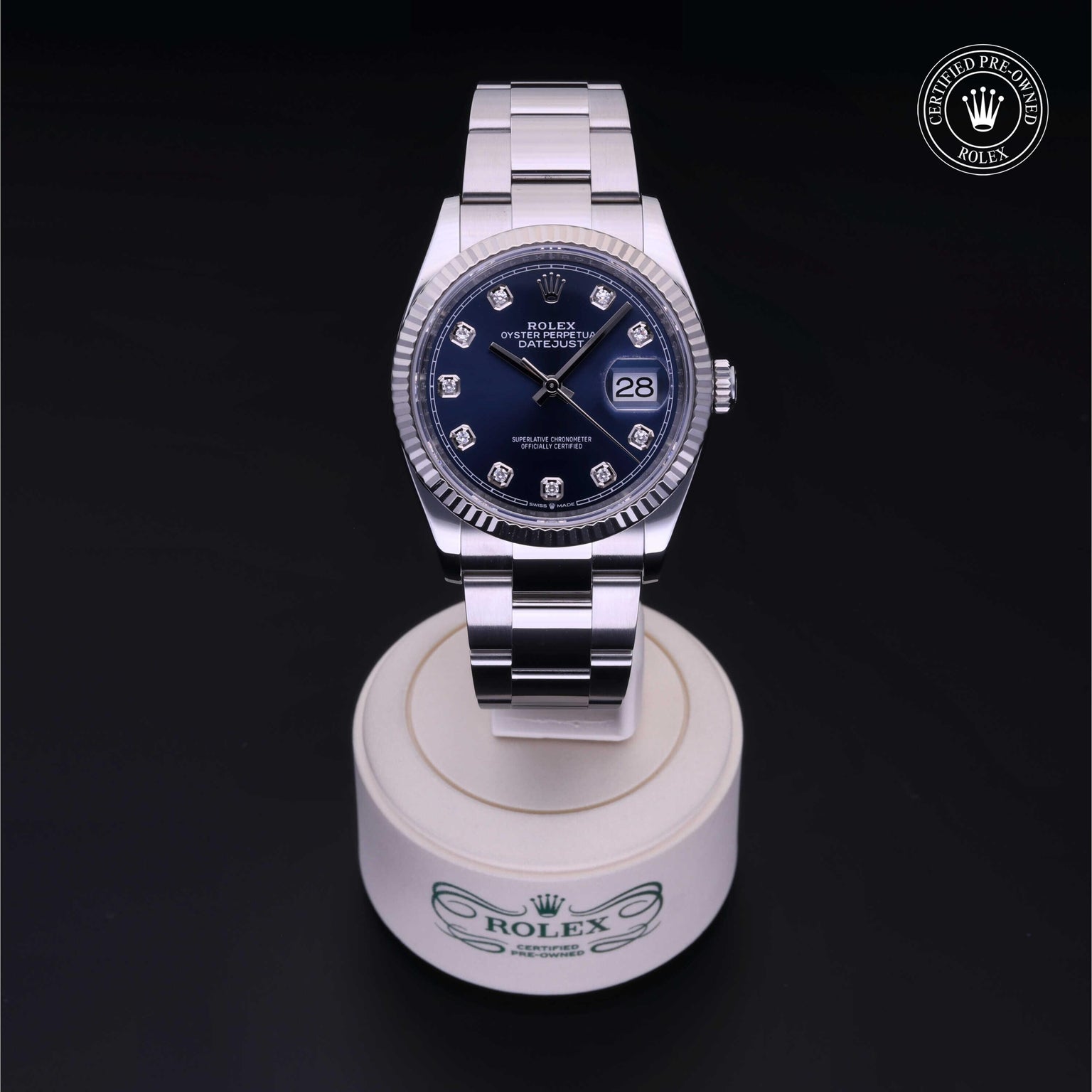 Rolex Certified Pre-owned Datejust M126234-0038 front on black background