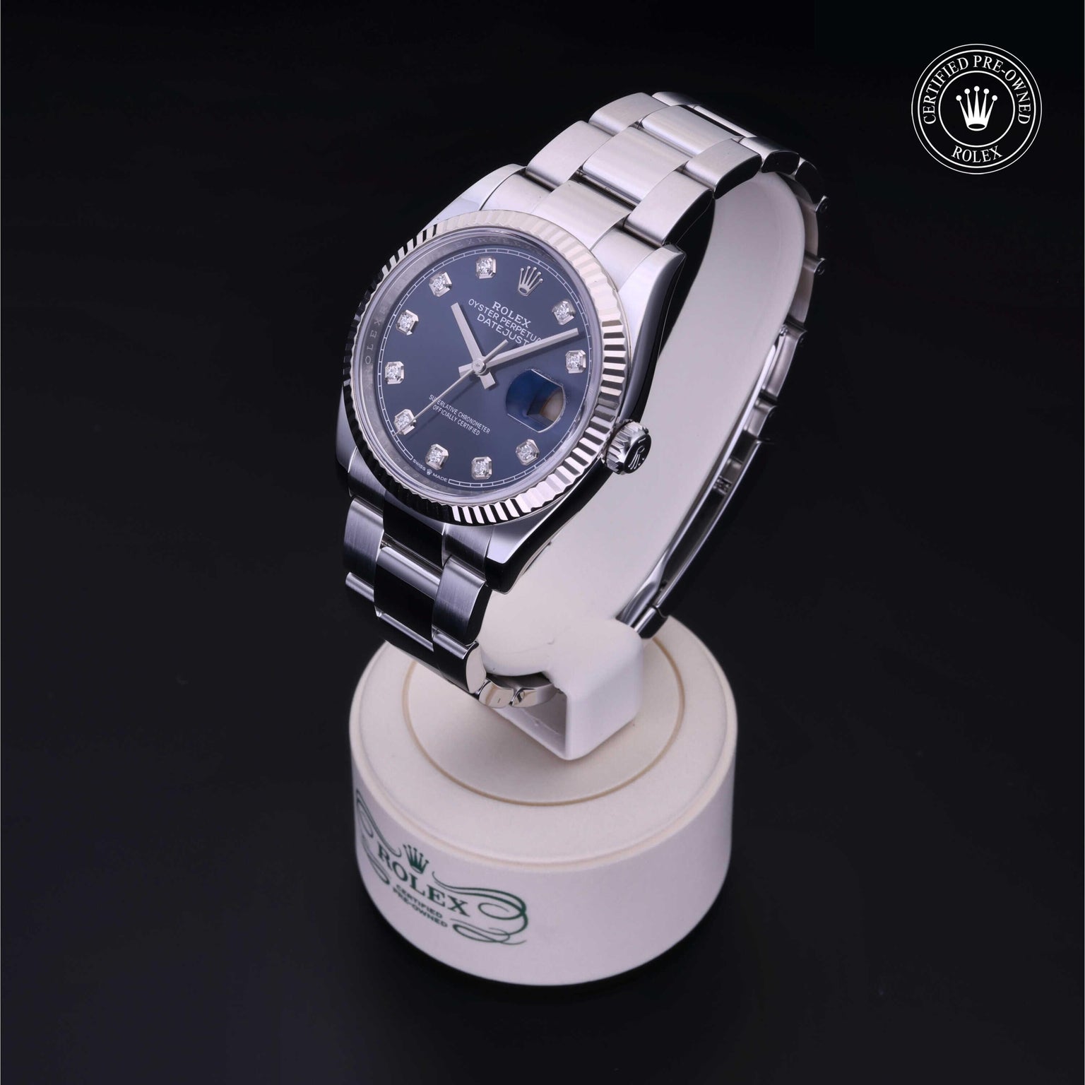 Rolex Certified Pre-owned Datejust M126234-0038 front on black background