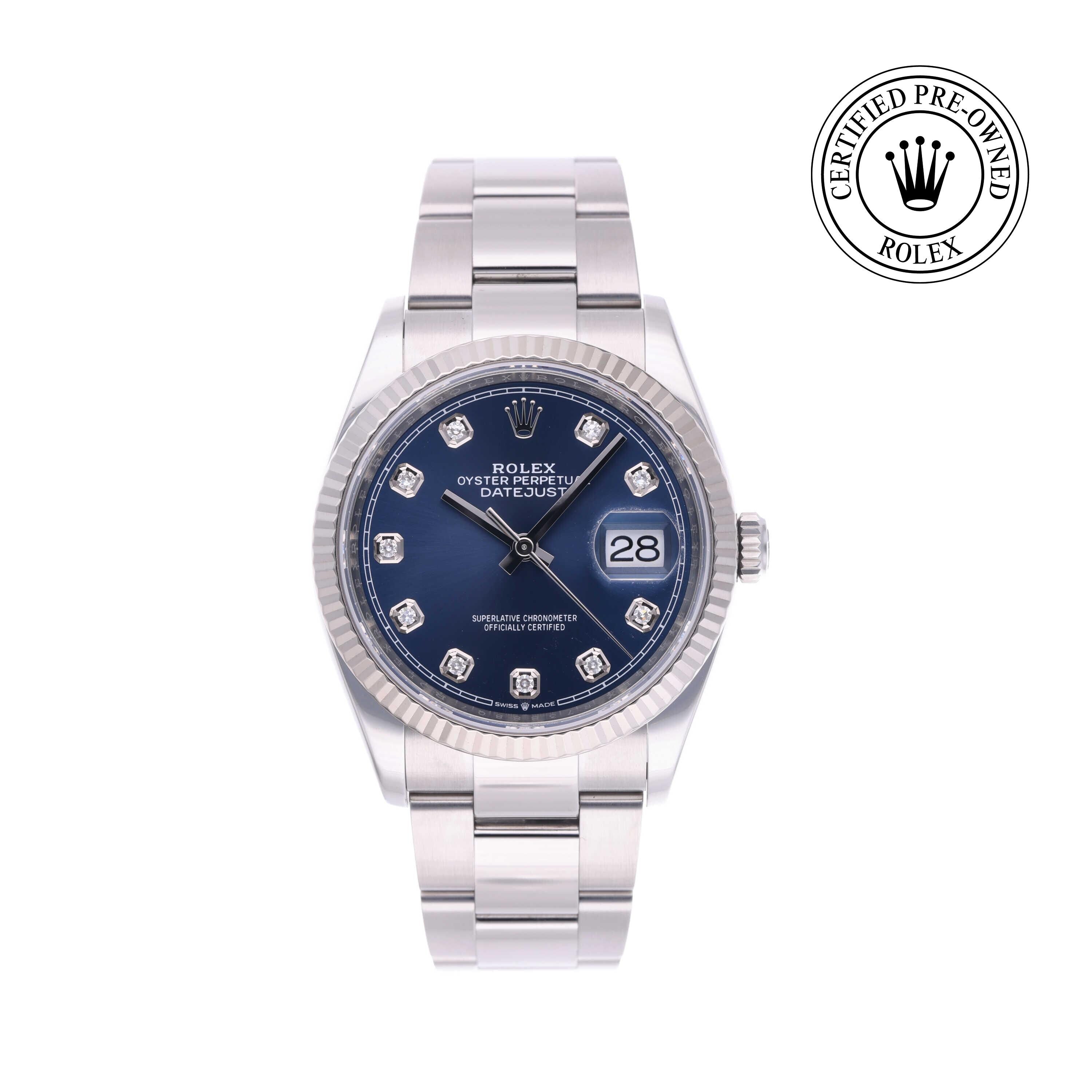 Rolex Certified Pre-owned Datejust M126234-0038 front on white background