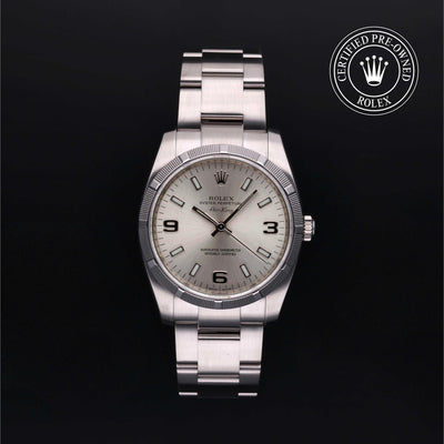 Rolex Certified Pre-owned Air-King M114210-0004 front on black background