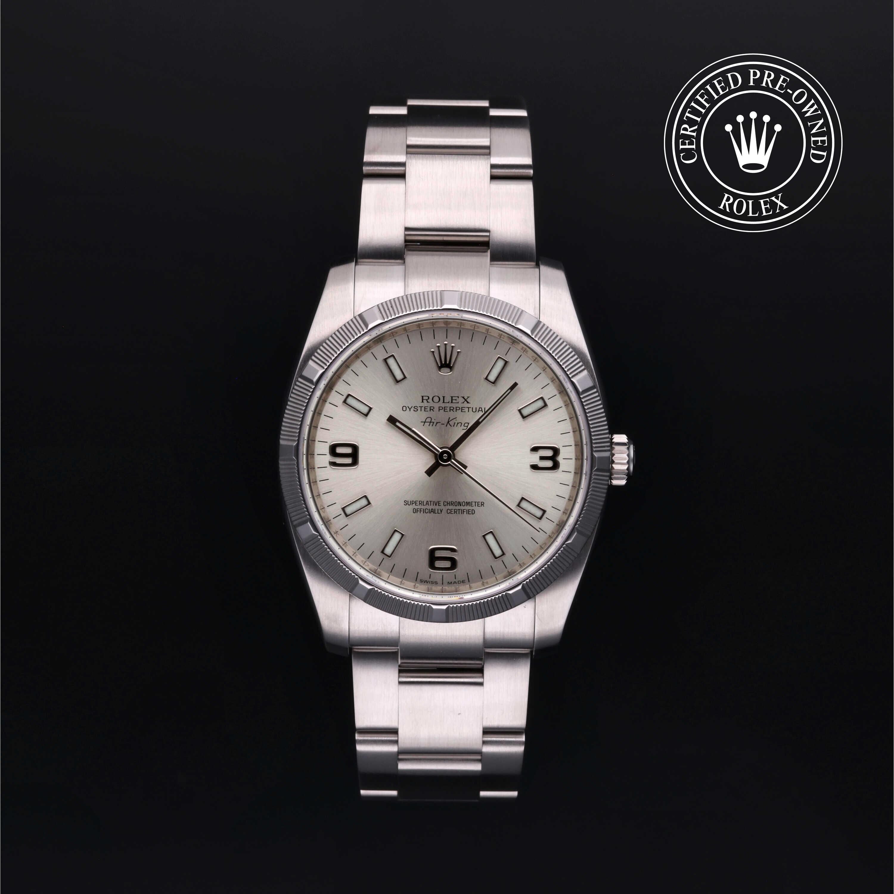 Rolex Certified Pre-owned Air-King M114210-0004 front on black background