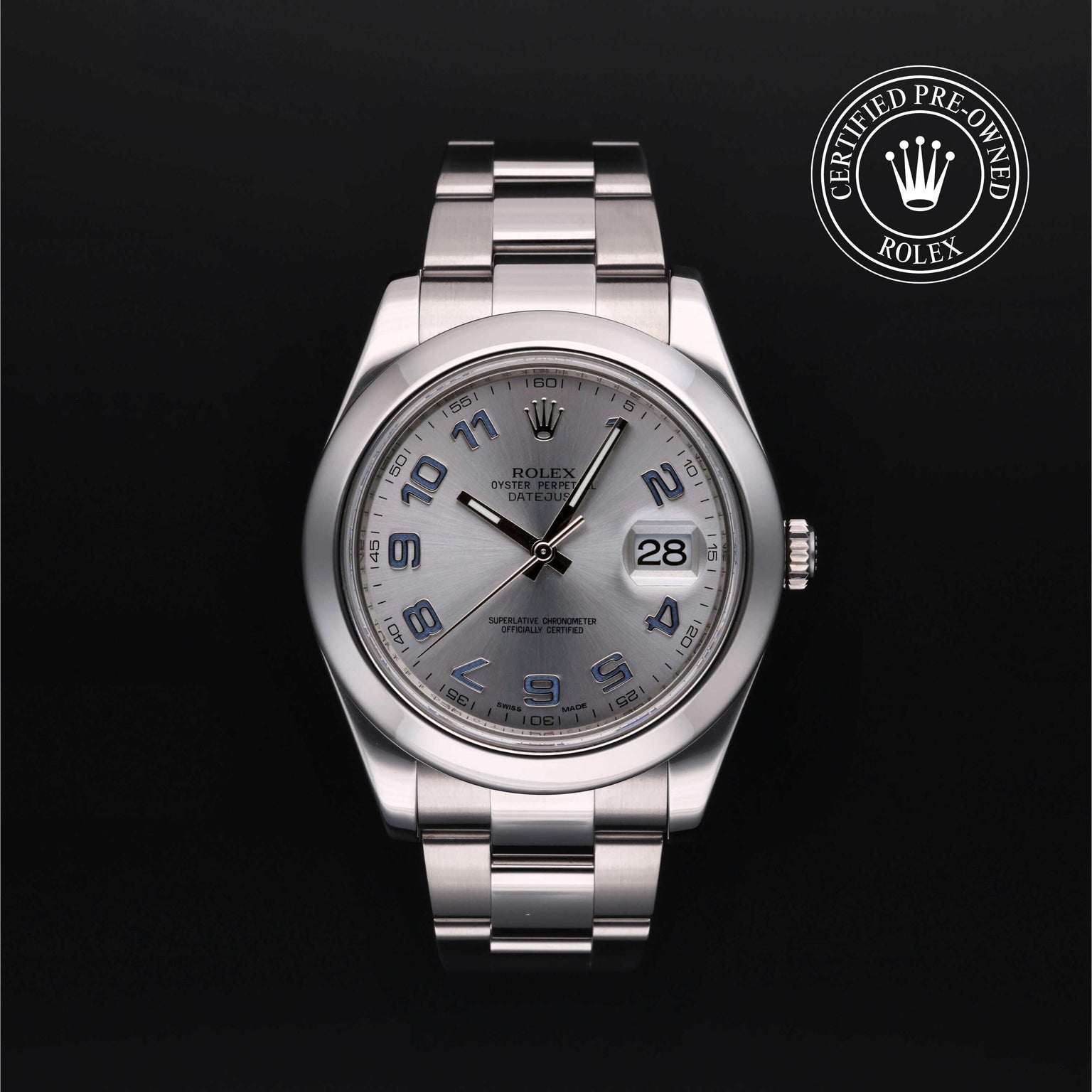 Rolex Certified Pre-owned Datejust M116300-0002 front on black background