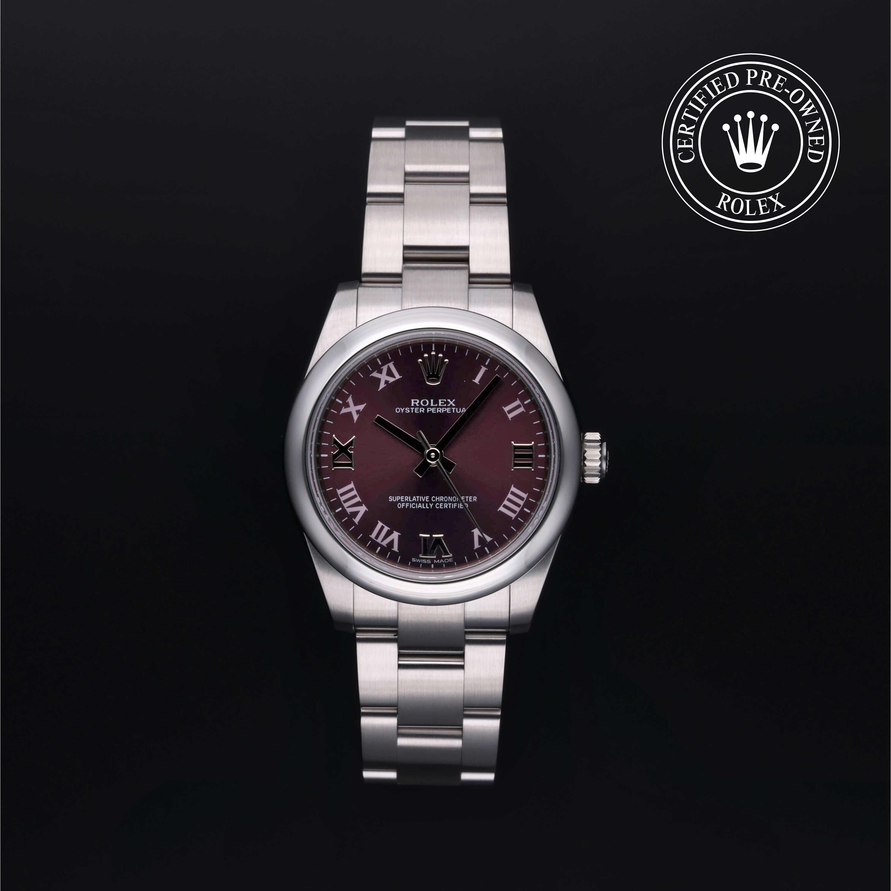 Rolex Certified Pre-owned Oyster Perpetual M177200-0017 front on black background