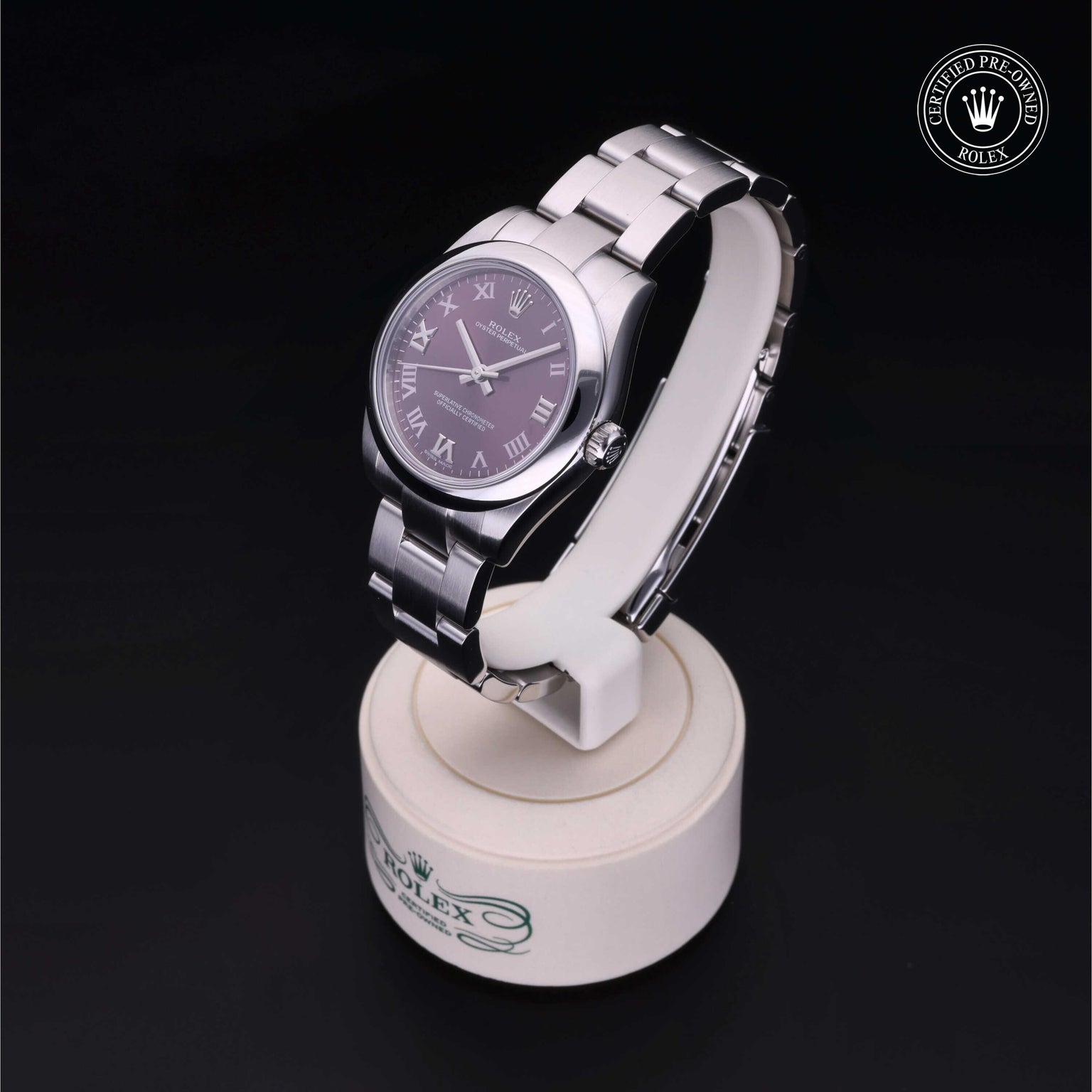 Rolex Certified Pre-owned Oyster Perpetual M177200-0017 front on black background