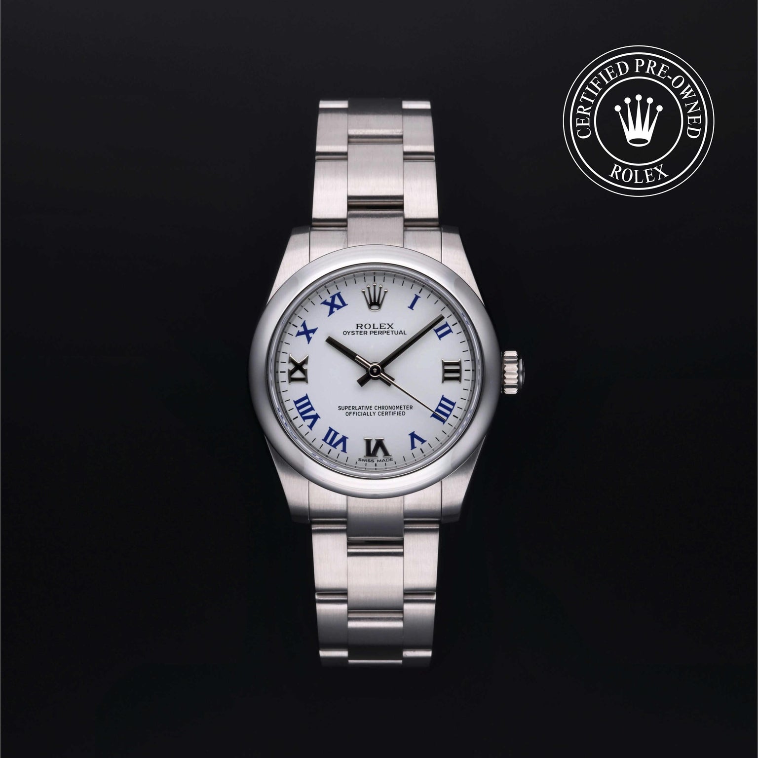 Rolex Certified Pre-owned Oyster Perpetual M177200-0016 front on black background