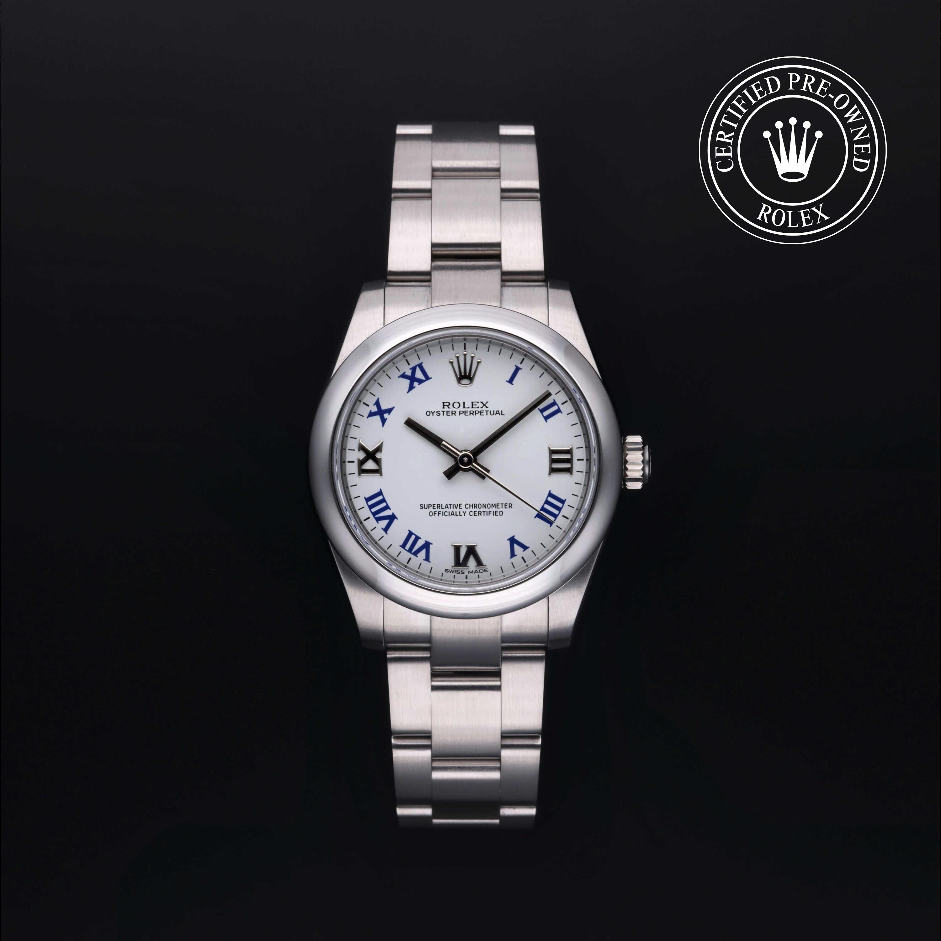 Rolex Certified Pre-owned Oyster Perpetual M177200-0016 front on black background