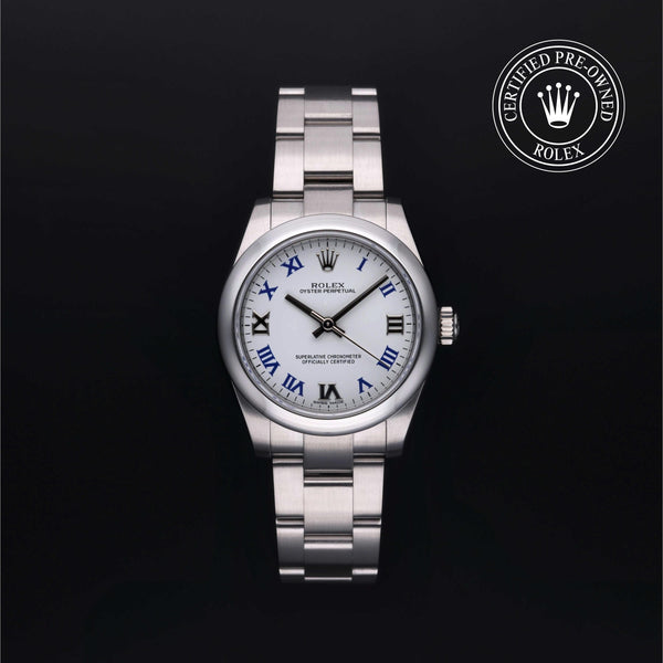 Rolex Certified Pre-owned Oyster Perpetual M177200-0016 front on black background