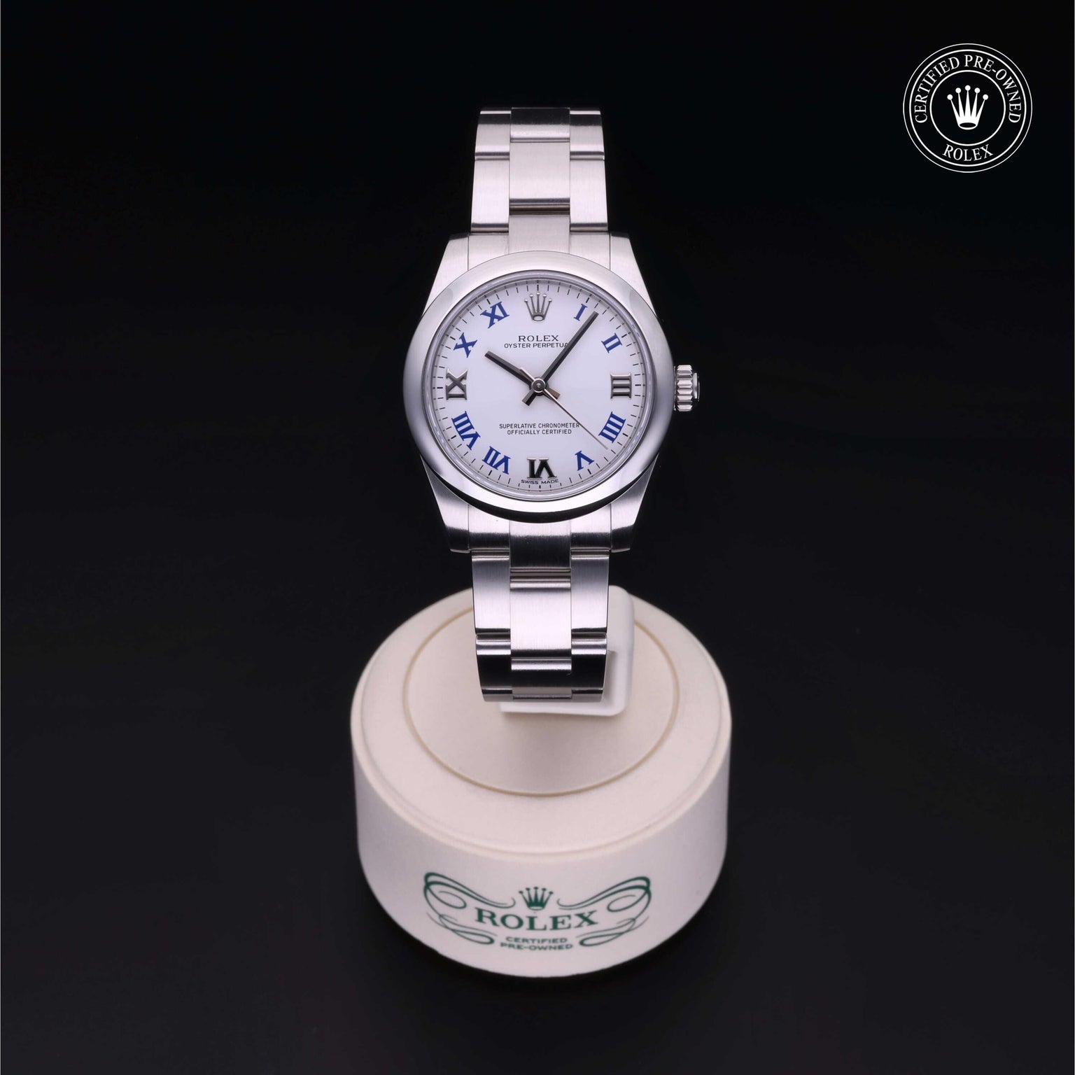Rolex Certified Pre-owned Oyster Perpetual M177200-0016 front on black background