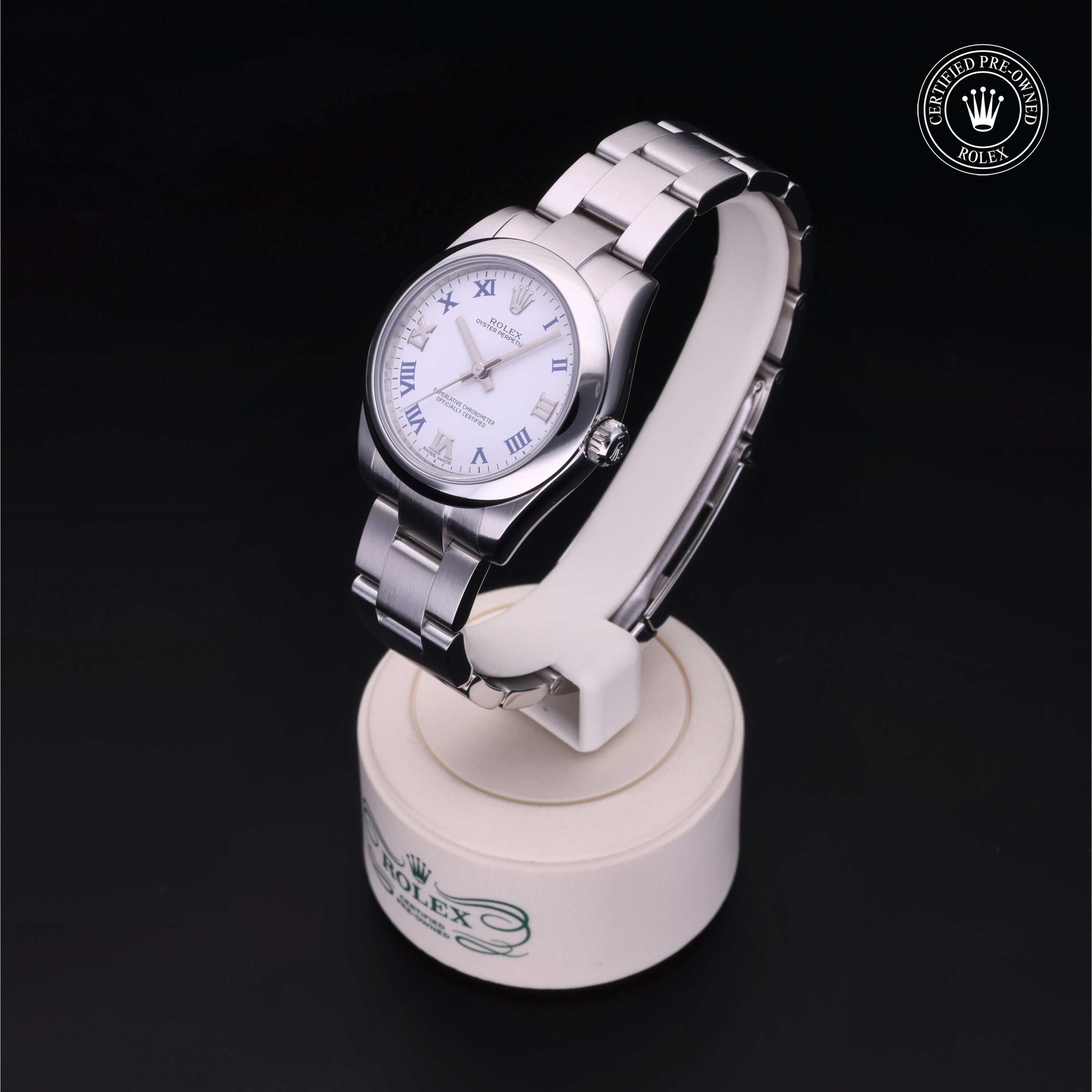 Rolex Certified Pre-owned Oyster Perpetual M177200-0016 front on black background