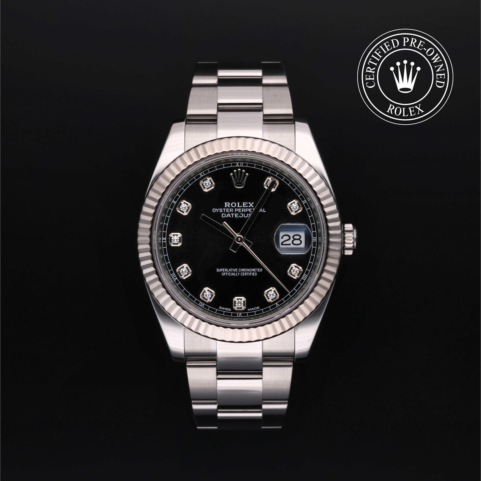 Rolex Certified Pre-owned Datejust M126334-0011 front on black background