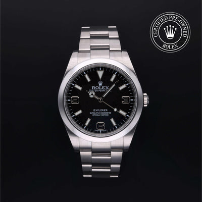 Rolex Certified Pre-owned Explorer M214270-0001 front on black background