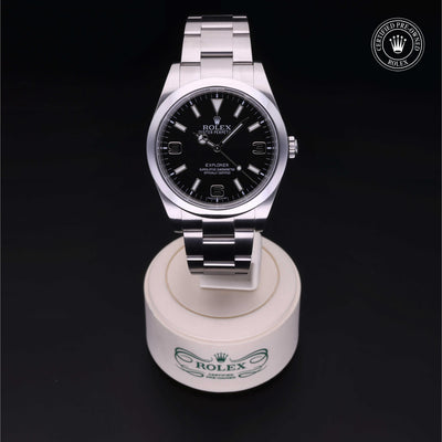 Rolex Certified Pre-owned Explorer M214270-0001 front on black background