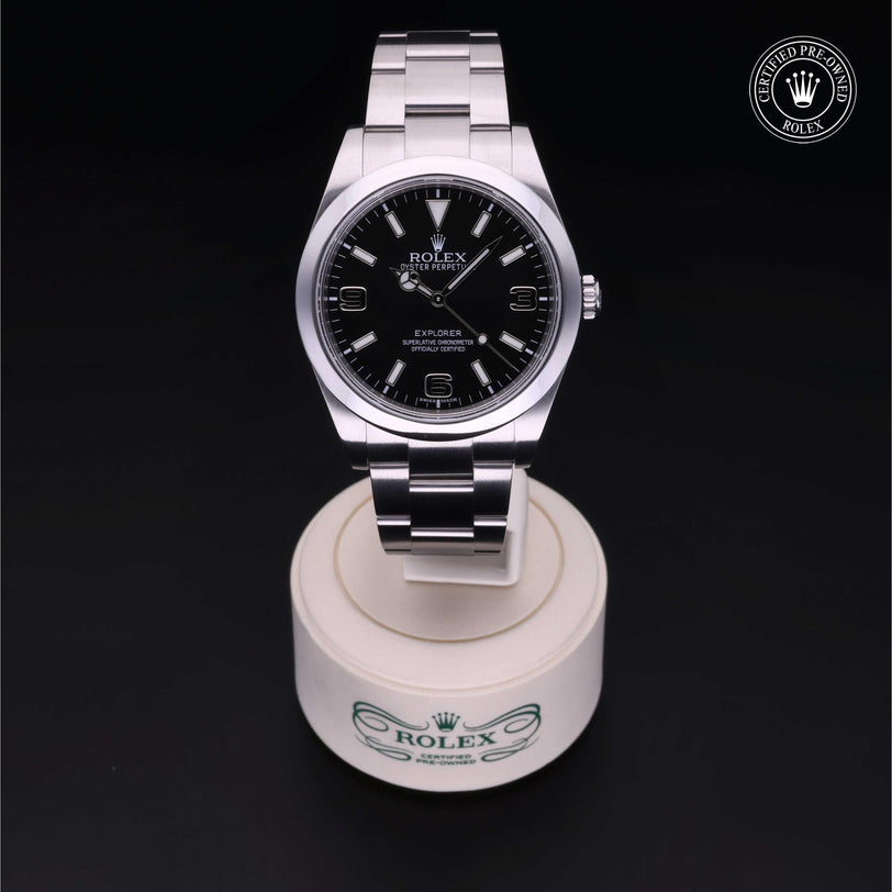 Rolex Certified Pre-owned Explorer M214270-0001 front on black background